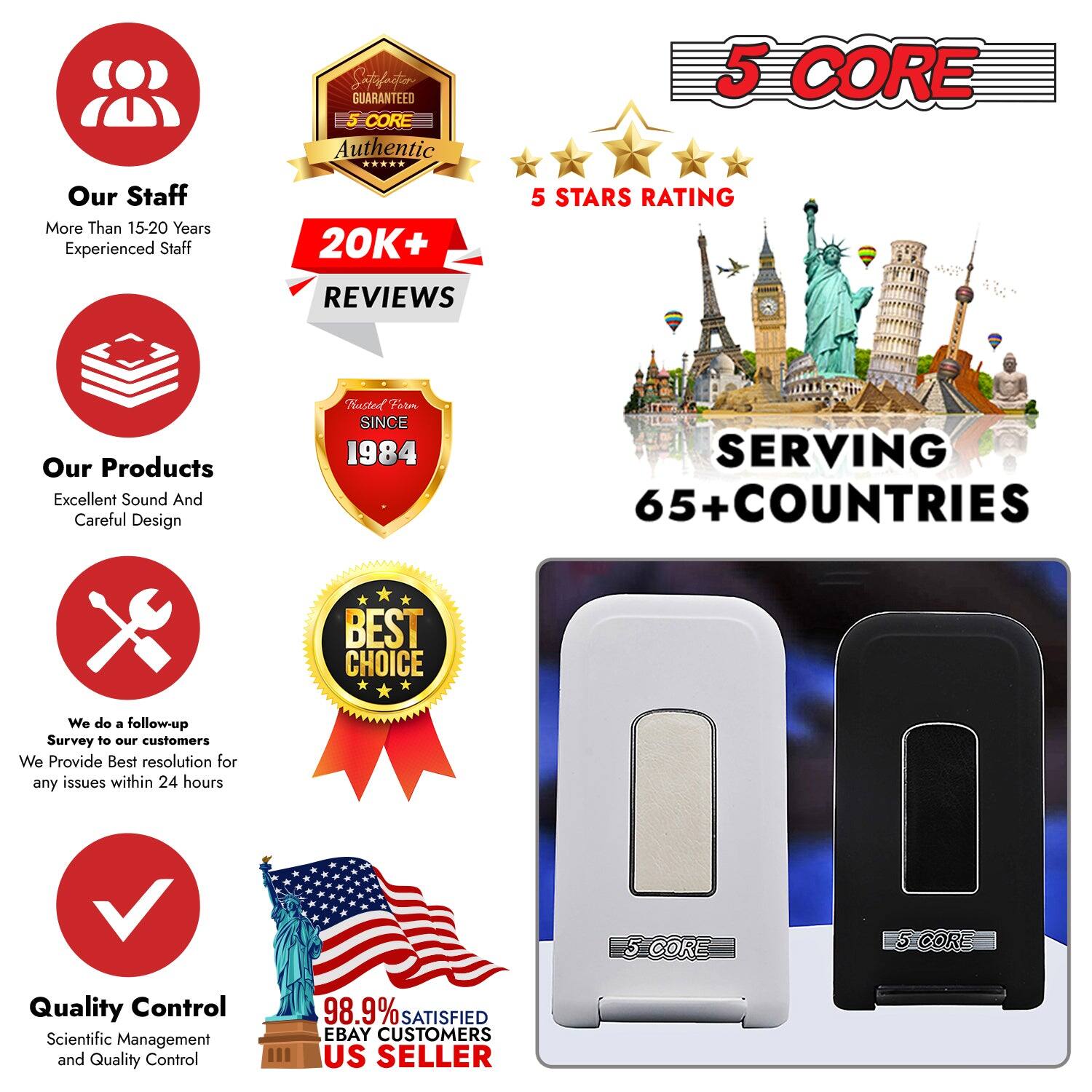 **Our Staff**  
More Than 15-20 Years Experienced Staff  
Satisfaction GUARANTEED  
5 CORE Authentic  
20K+ REVIEWS  
5 CORE  
5 STARS RATING  

**Our Products**  
Excellent Sound And Careful Design  
Trusted From SINCE 1984  
SERVING 65+ COUNTRIES  
BEST CHOICE  

**We do a follow-up Survey to our customers**  
We Provide Best resolution for any issues within 24 hours  

**Quality Control**  
Scientific Management and Quality Control  
98.9% SATISFIED EBAY CUSTOMERS  
US SELLER  

5 CORE