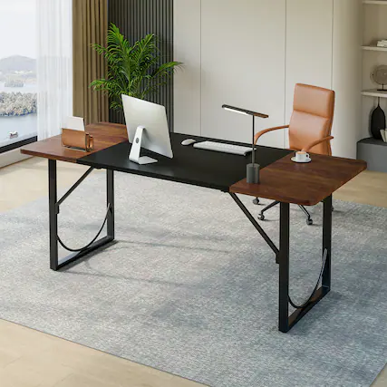 Front. Pinmoco - Pinmoco - 63 inch Executive Desk Lager Writing Desk with Metal Frame Home Office Desk - Walnut.