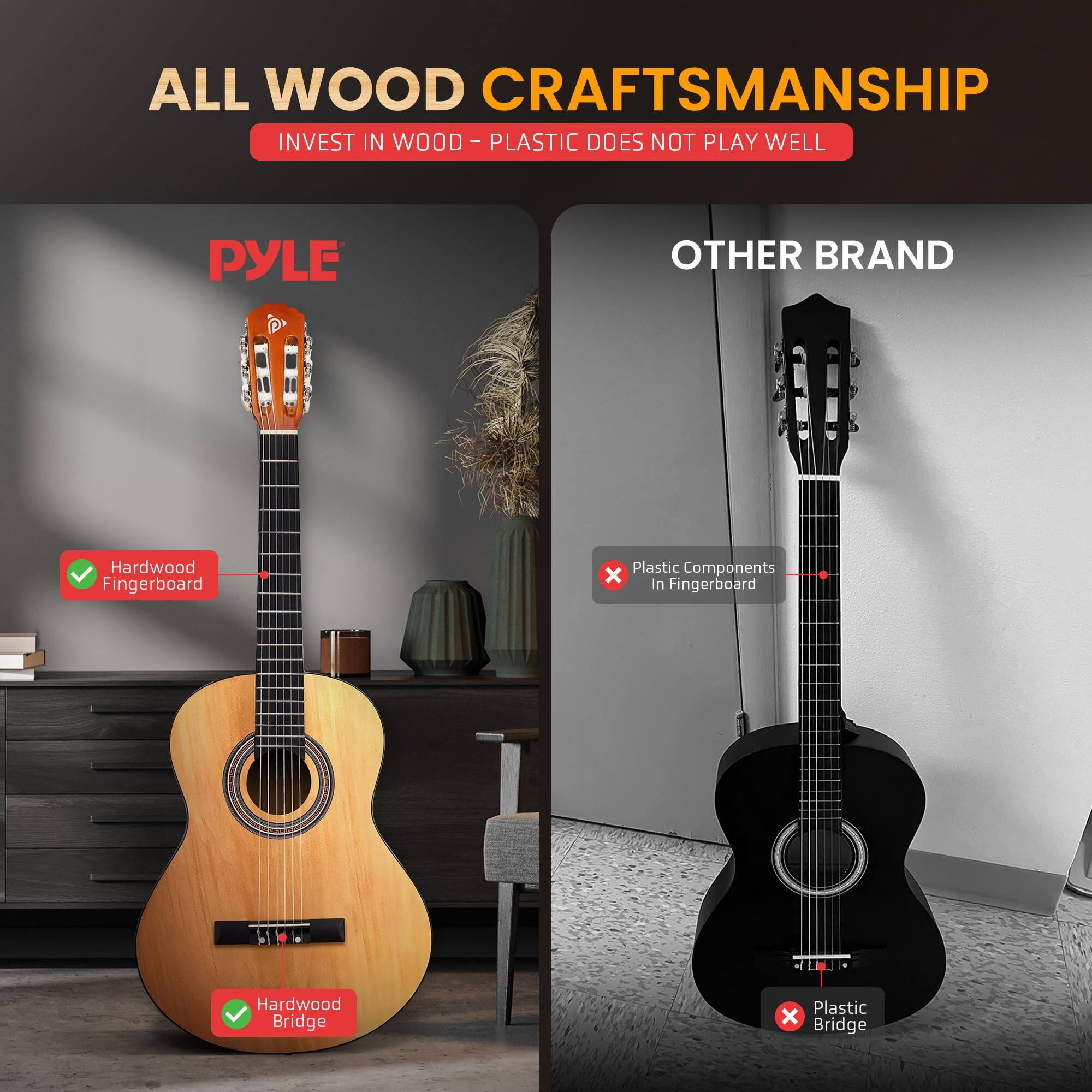 ALL WOOD CRAFTSMANSHIP  
INVEST IN WOOD - PLASTIC DOES NOT PLAY WELL  

PYLE  
Hardwood Fingerboard  
Hardwood Bridge  

OTHER BRAND  
Plastic Components in Fingerboard  
Plastic Bridge