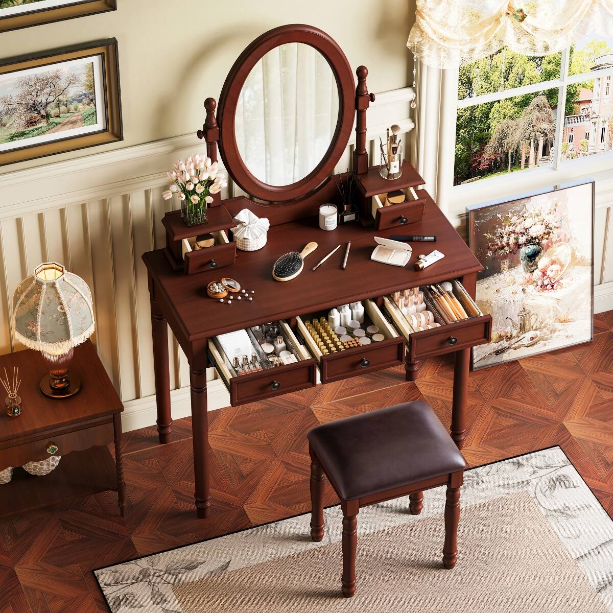 Left. Loheer - Loheer Vanity Desk with Adjustable Angle Mirror, Walnut Wood, Cushioned Stool and Five Drawers - Walnut.