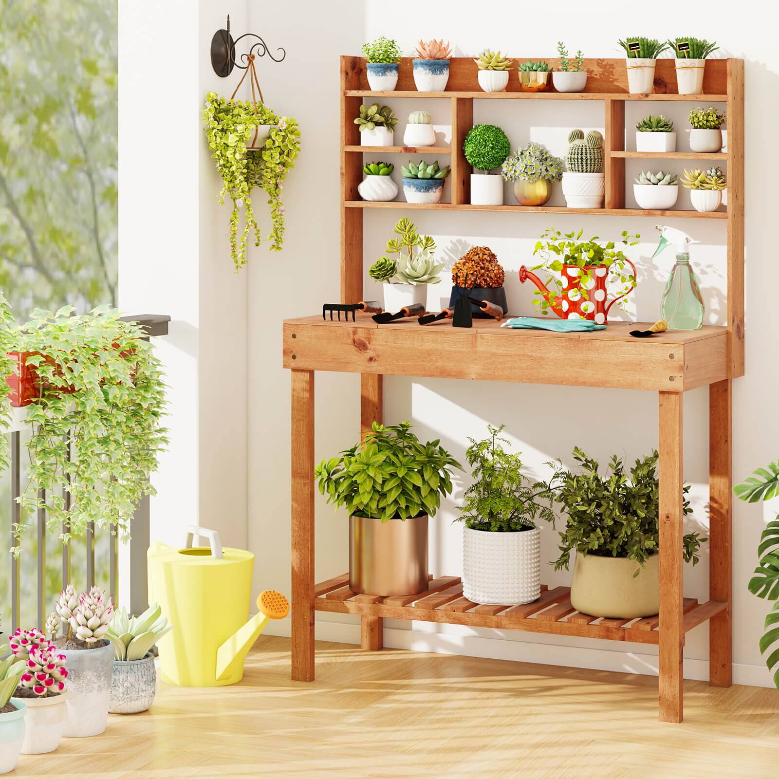 Alt View 4. Costway - Costway Potting Bench Table with Flip-up Tabletop, Storage Shelves for Patio Porch Balcony - Brown.