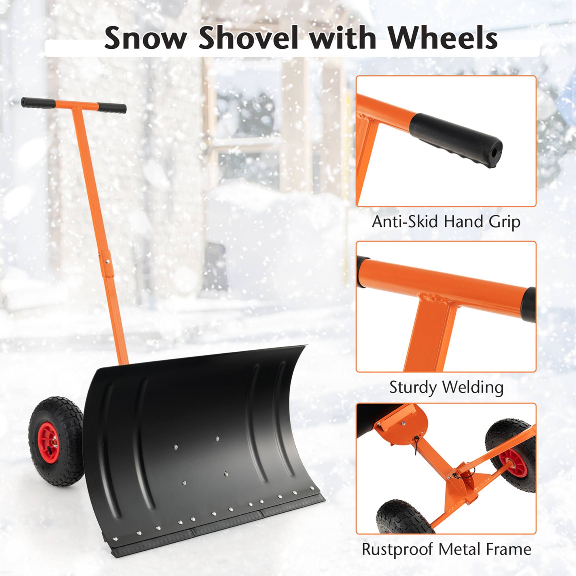 Snow Shovel with Wheels Anti-Skid Hand Grip Sturdy Welding Rustproof Metal Frame