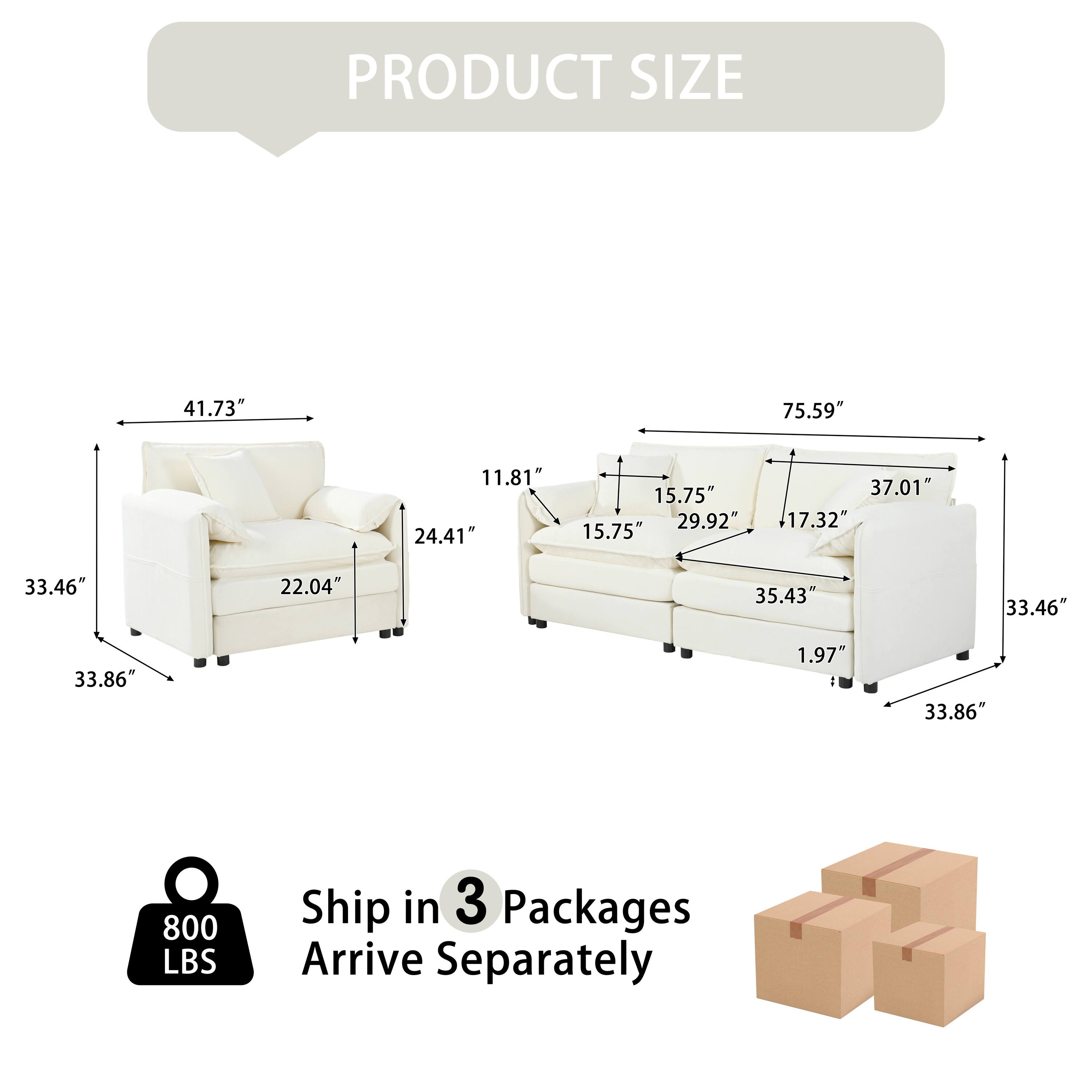 PRODUCT SIZE  
41.73" 75.59" 11.81" 24.41" 15.75" 29.92" 15.75" 37.01" 17.32" 35.43" 22.04" 33.46" 33.86" 1.97" 33.86"  

800 LBS  
Ship in 3 Packages  
Arrive Separately