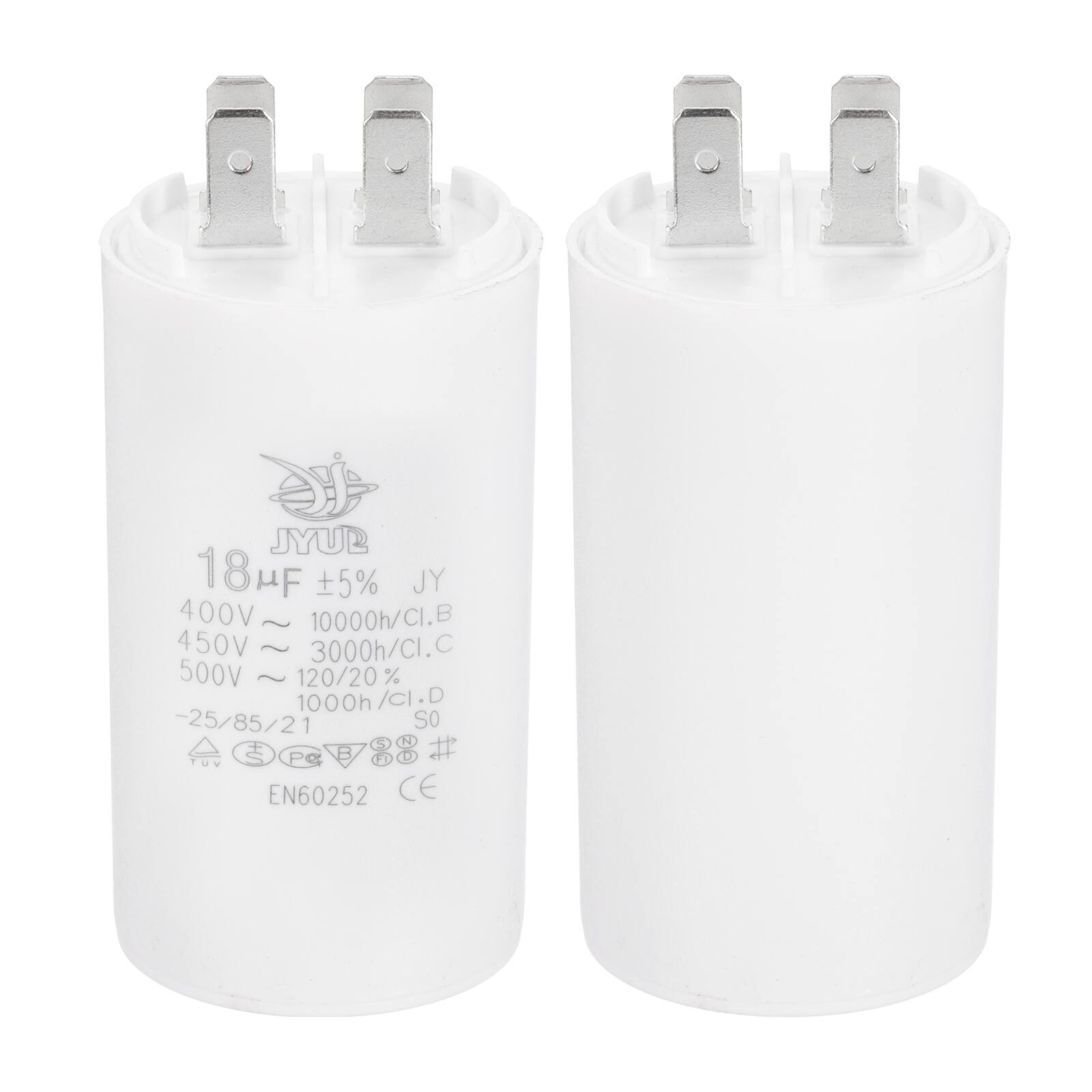 JYUP 18 µF ±5% JY  
400V ~ 10000h/CI.B  
450V ~ 3000h/CI.C  
500V ~ 120/20% 1000h/CI.D  
-25/85/21  
SO  
Pe 3 L  
EN60252 CE