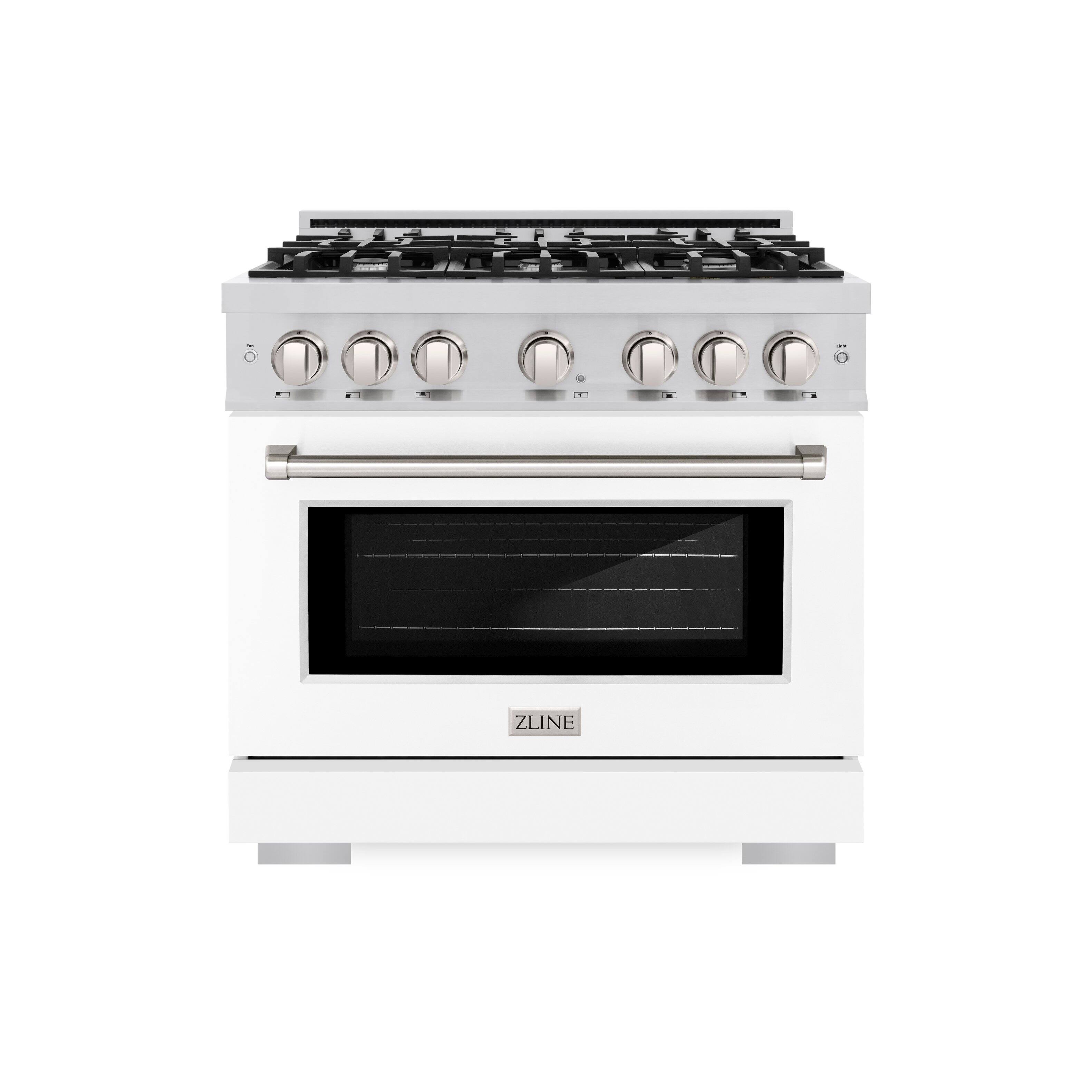 Left. ZLINE - ZLINE 36 in. 5.2 cu. ft. Freestanding Select Gas Range w/ 6 Burner Cooktop & Convection Oven w/ White Matte Door - Stainless Steel.