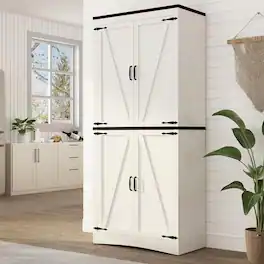 Lent Glitter Wood - Farmhouse Style 4-Door Tall Cabinet Adjustable Shelves & Steel Pipe Reinforced Kitchen & Bathroom Storage - White