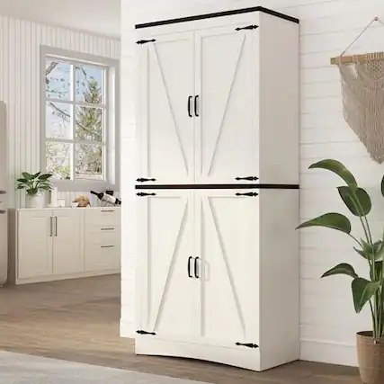 Front. Lent Glitter Wood - Farmhouse Style 4-Door Tall Cabinet Adjustable Shelves & Steel Pipe Reinforced Kitchen & Bathroom Storage - White.