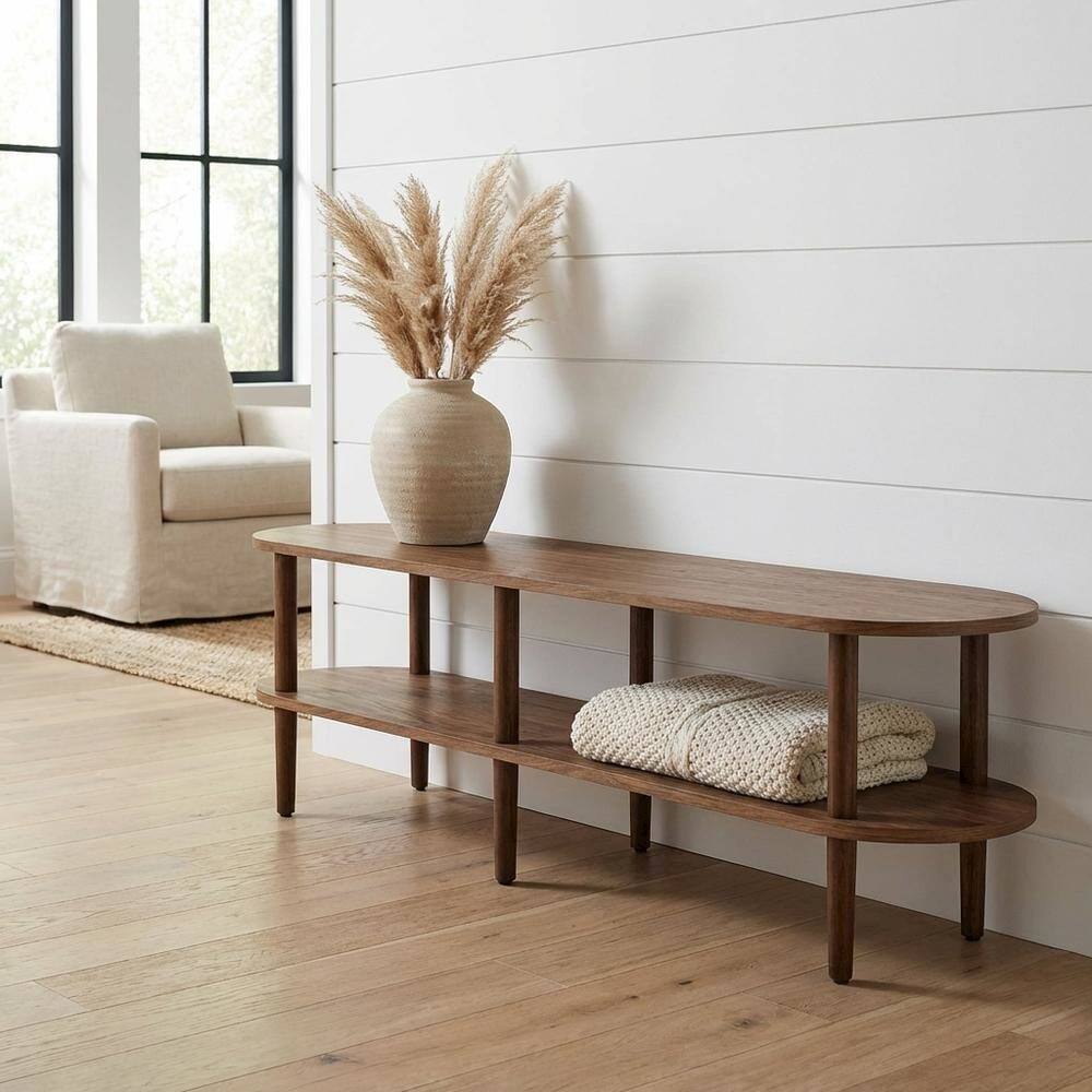Angle. FurniFact - Brown wood TV stand with oval design, solid mango construction for durability - Brown.