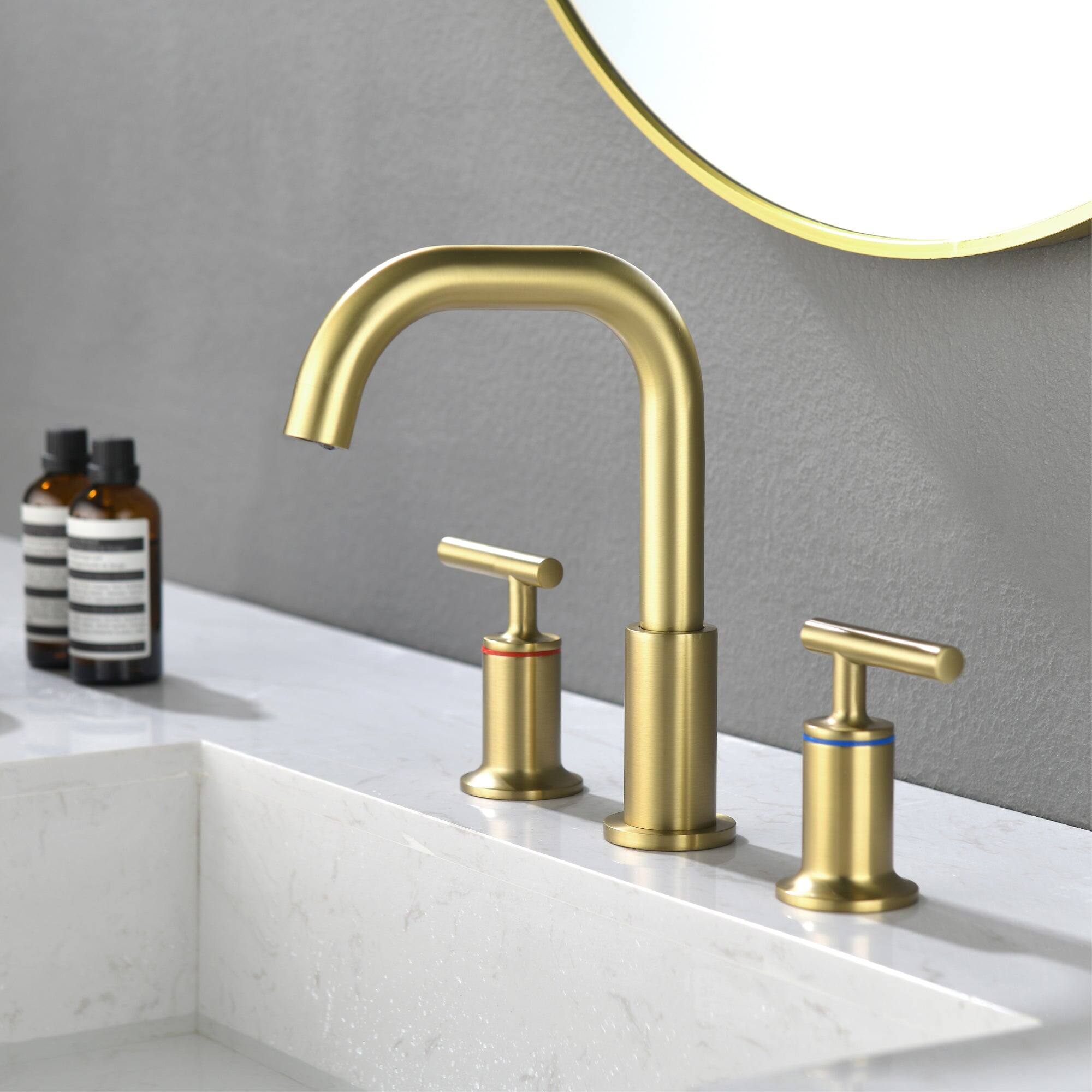 Angle. Boyel Living - 8 in Widespread Double Handle 1.2 GPM Bathroom Faucet with Quick Connect Hose and Water Supply Hose in Brushed Gold - Brushed Gold.