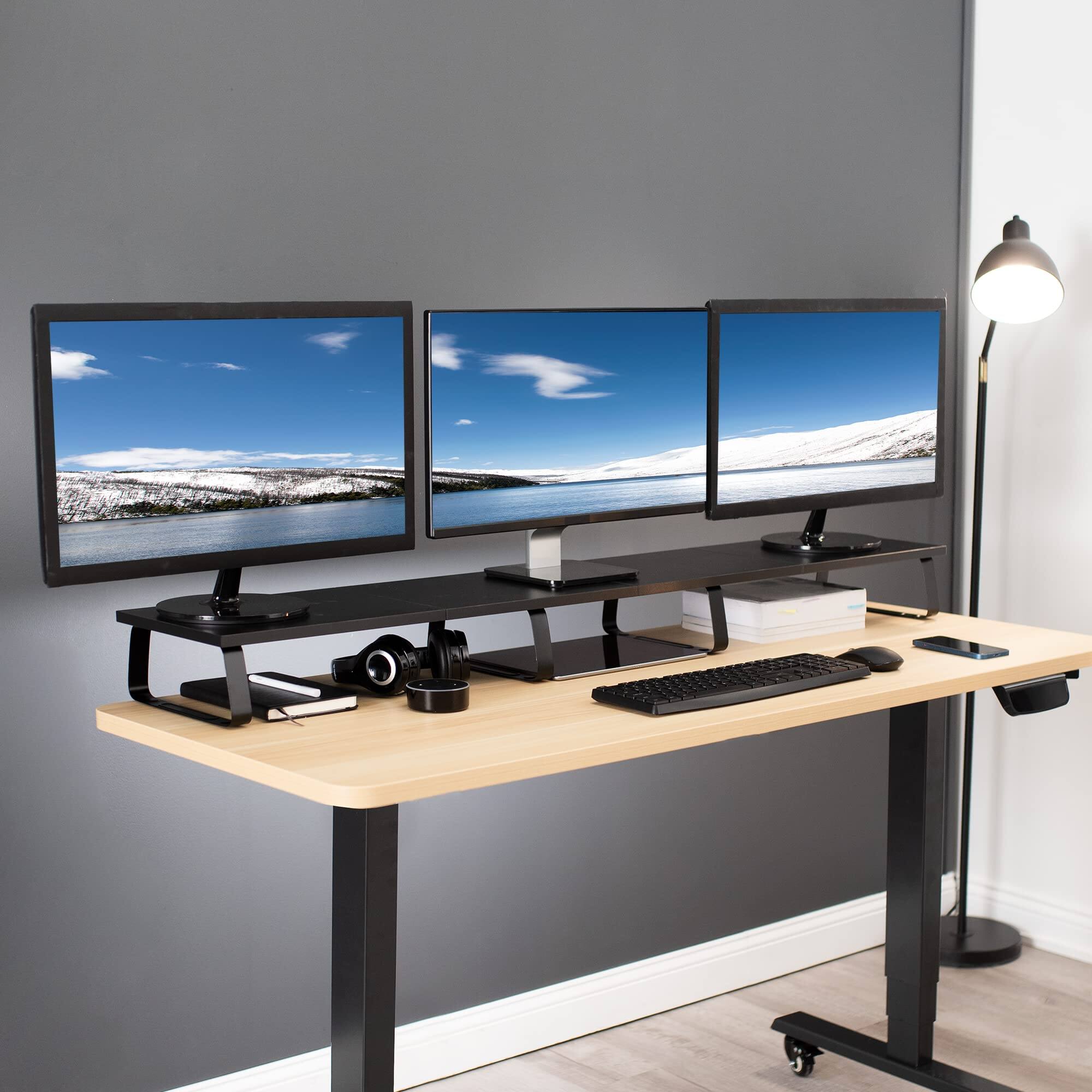 Alt View 3. Refined Abode Design - Extra Long Monitor Stand Wood & Steel Desktop Riser Multi Screen Tv Laptop Desk And Tabletop Organizer Stan - Default.