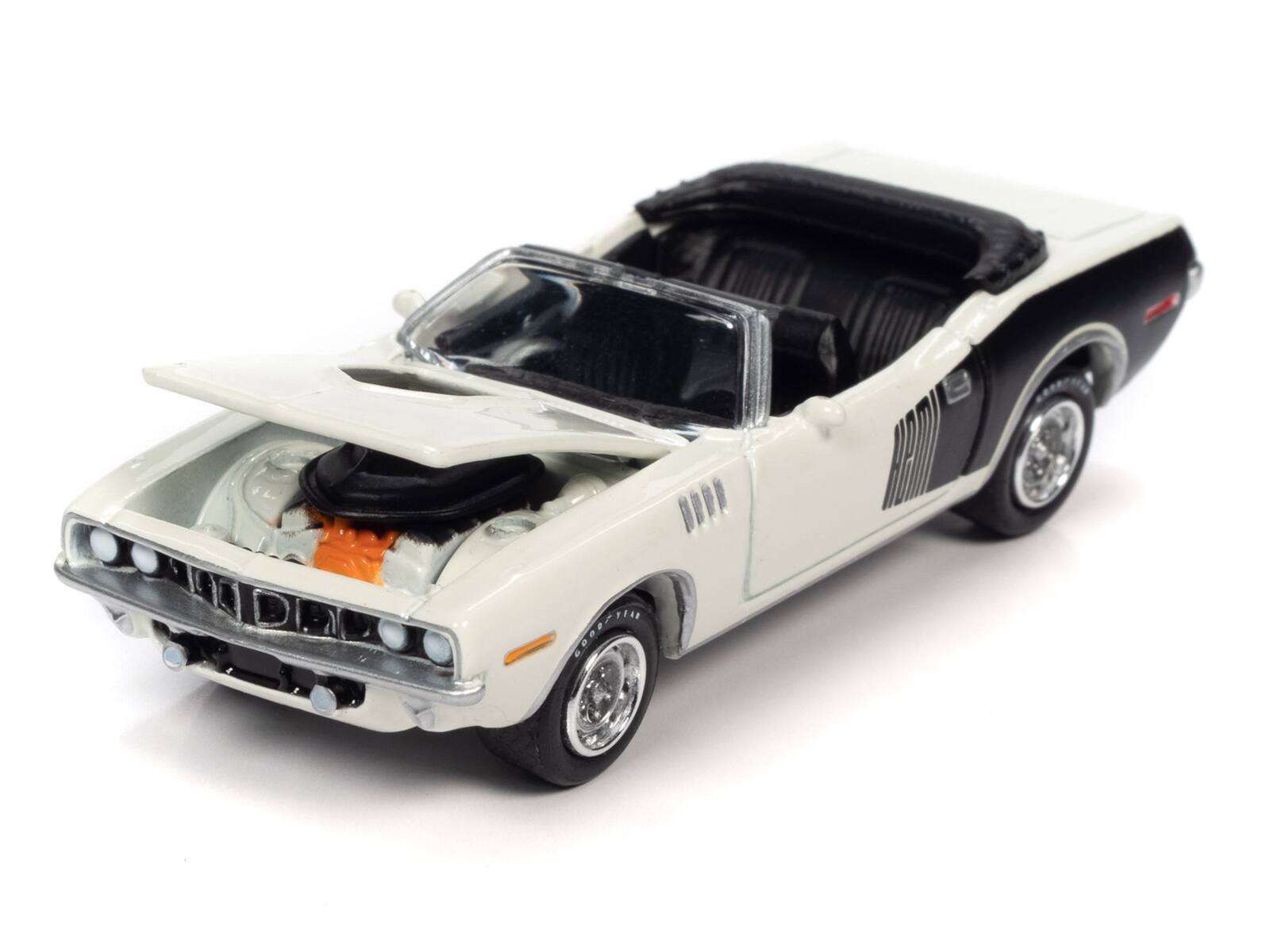 Alt View 2. Johnny Lightning - 1971 Plymouth Barracuda Convertible White & Black "Class of 1971" Ltd Ed 7418 pcs 1/64 Model Car by Johnny Lightning.