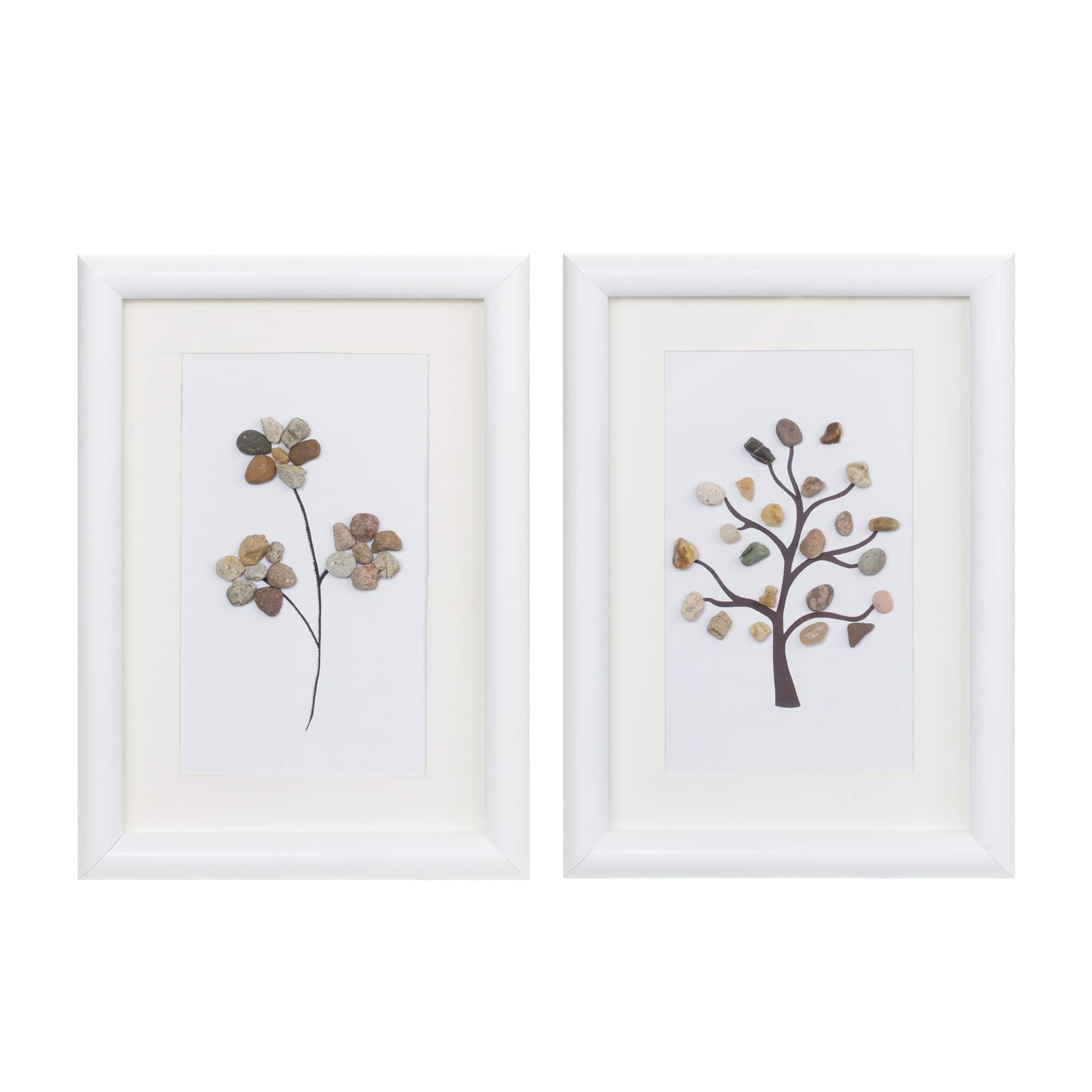 BreeBe - Framed Tree and Floral Pebble Art (Set of 2) - White, Brown