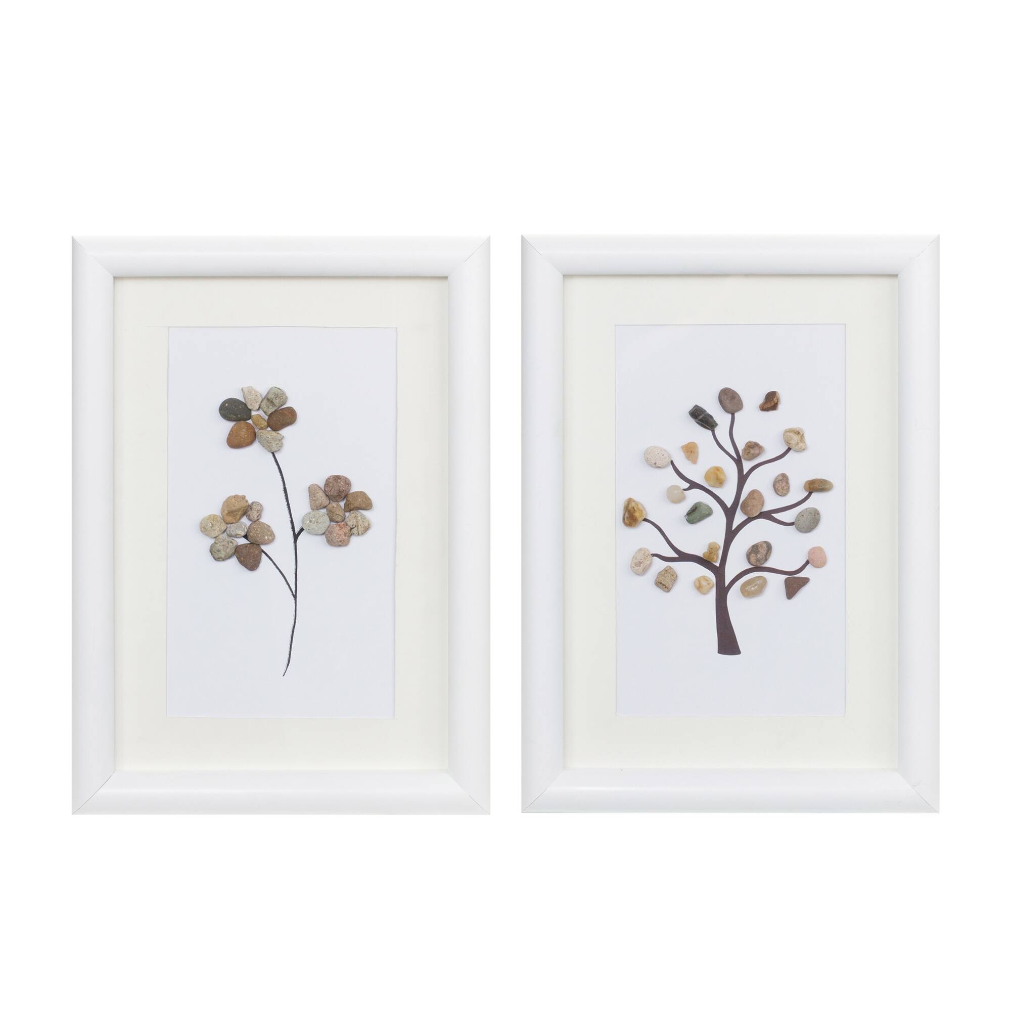 Front. BreeBe - Framed Tree and Floral Pebble Art (Set of 2) - White, Brown.