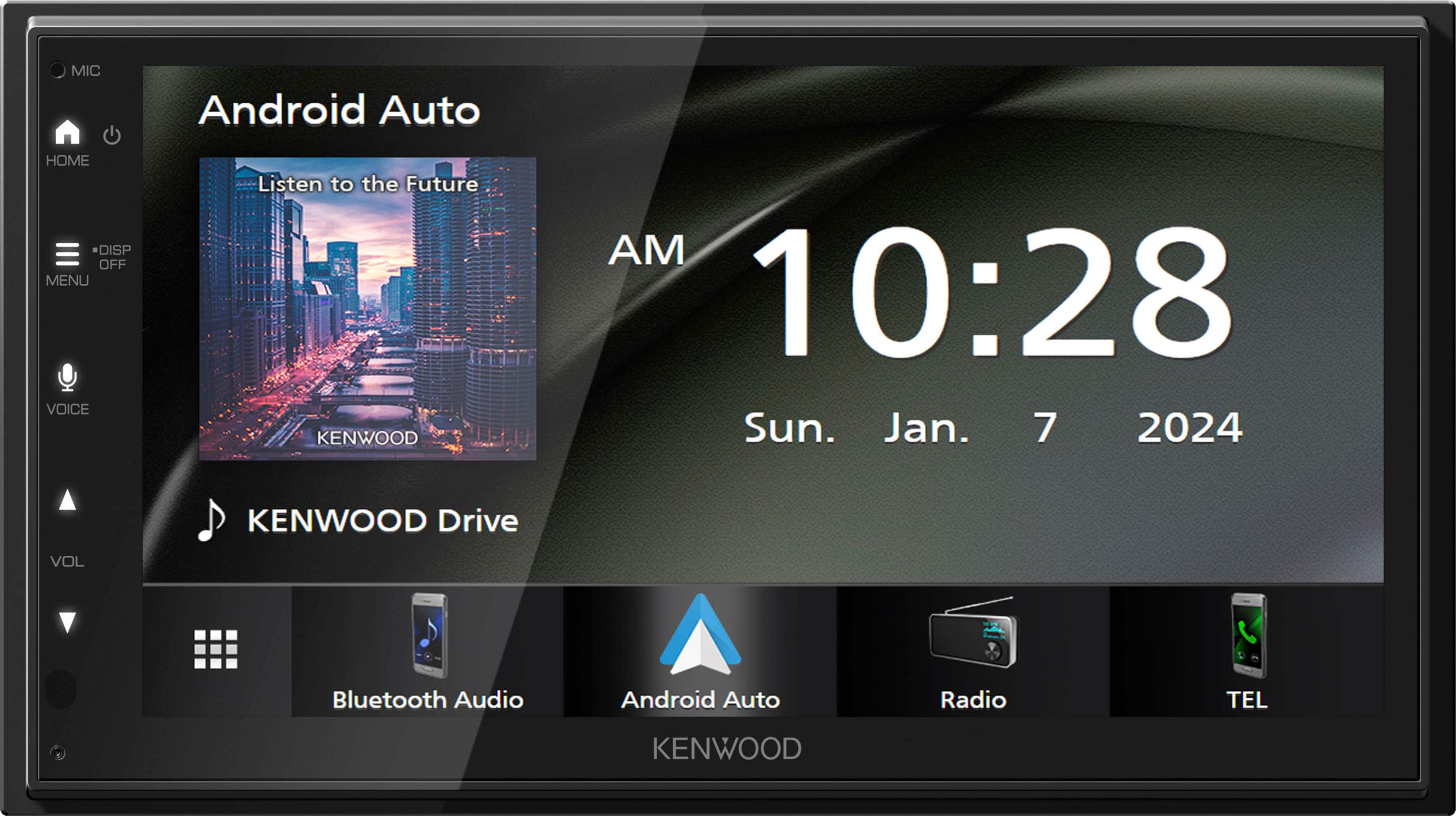 The text on the image is grouped and corrected as follows:
1. MIC: Android Auto HOME DISP OFF MENU VOICE Listen to the Future KENWOOD AM 10:28 Sun. Jan. 7 2024 KENWOOD Drive VOL 2 Bluetooth Audio Android Auto Radio TEL KENWOOD
This text describes a Kenwood device that is connected to Android Auto and is currently displaying the time and date of January 7, 2024. The device is also connected to Bluetooth audio and is playing music.