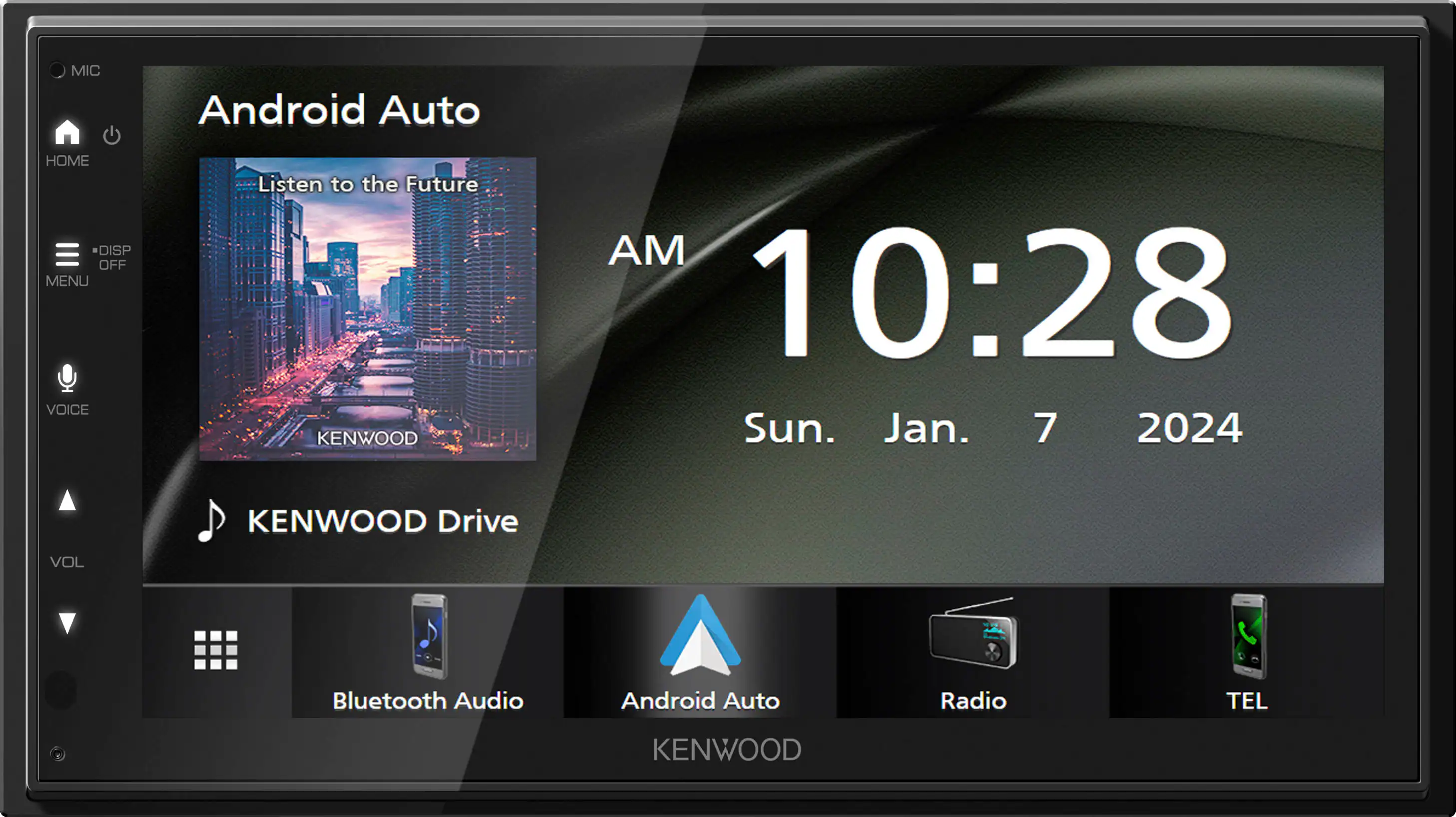 The text on the image is grouped and corrected as follows:
1. MIC: Android Auto HOME DISP OFF MENU VOICE Listen to the Future KENWOOD AM 10:28 Sun. Jan. 7 2024 KENWOOD Drive VOL 2 Bluetooth Audio Android Auto Radio TEL KENWOOD
This text describes a Kenwood device that is connected to Android Auto and is currently displaying the time and date of January 7, 2024. The device is also connected to Bluetooth audio and is playing music.