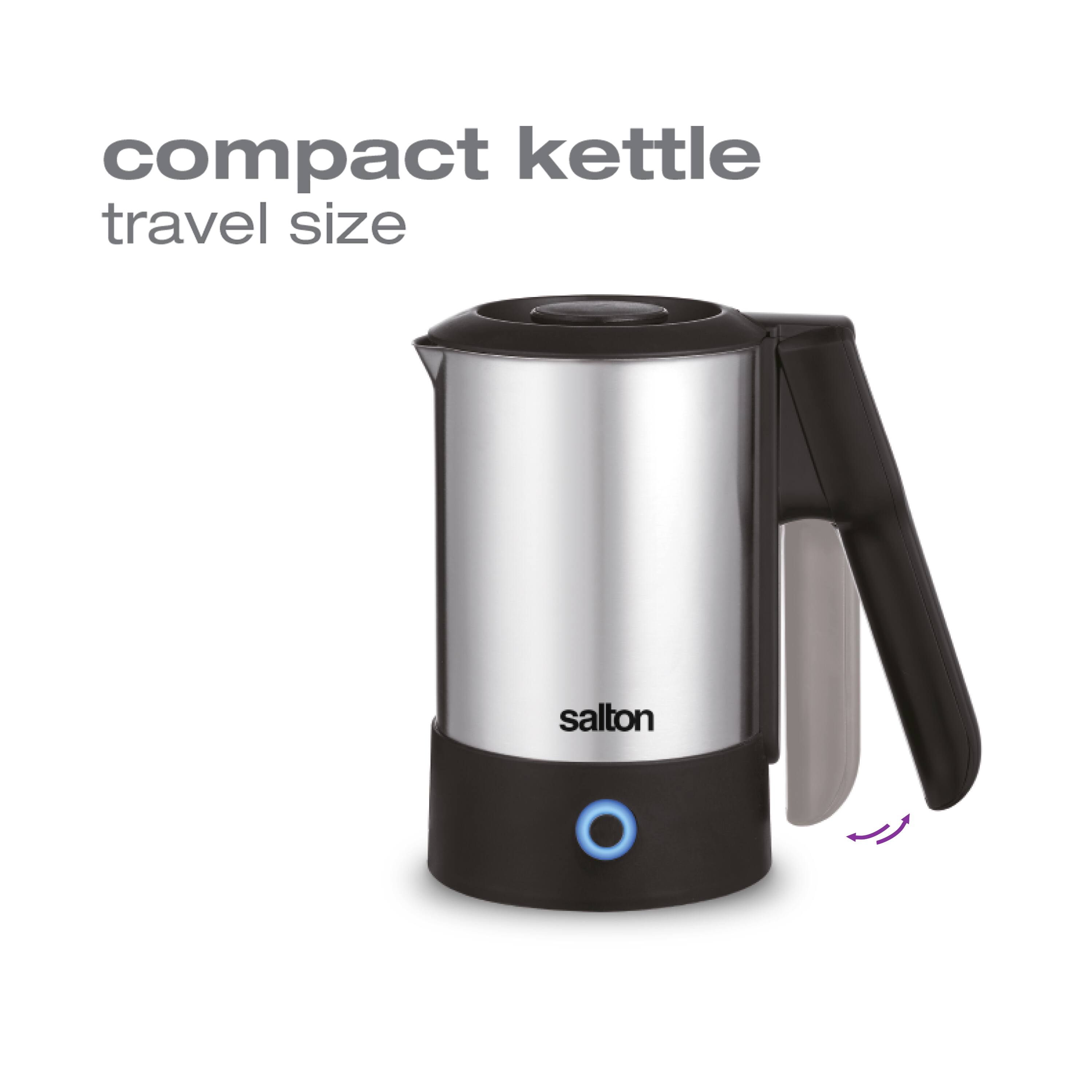 The corrected text is: "Compact Kettle, Travel Size, Salton."