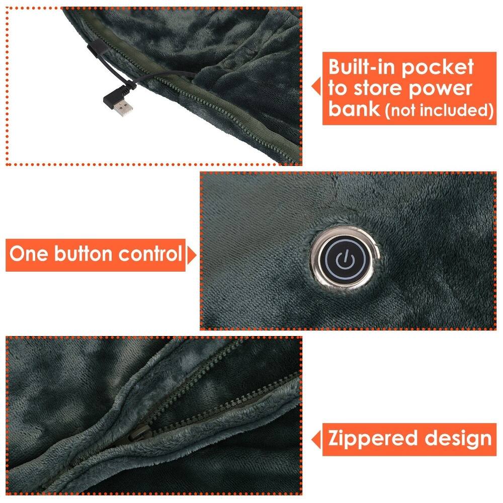 - Built-in pocket to store power bank (not included)
- One button control
- Zippered design
