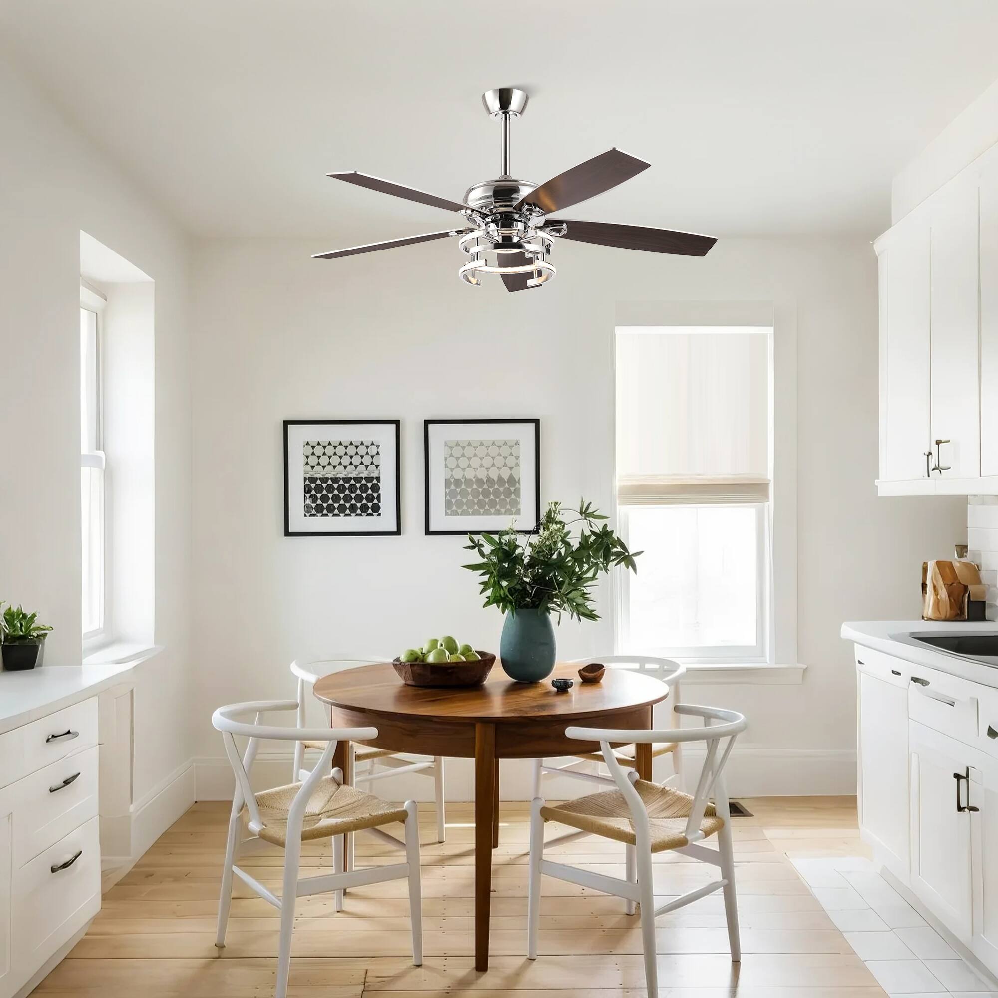 Left. Parrot Uncle - 52"  Modern Chrome Downrod Mount Dimmable LED Ceiling Fan with Remote and Reversible Blades - Chrome.