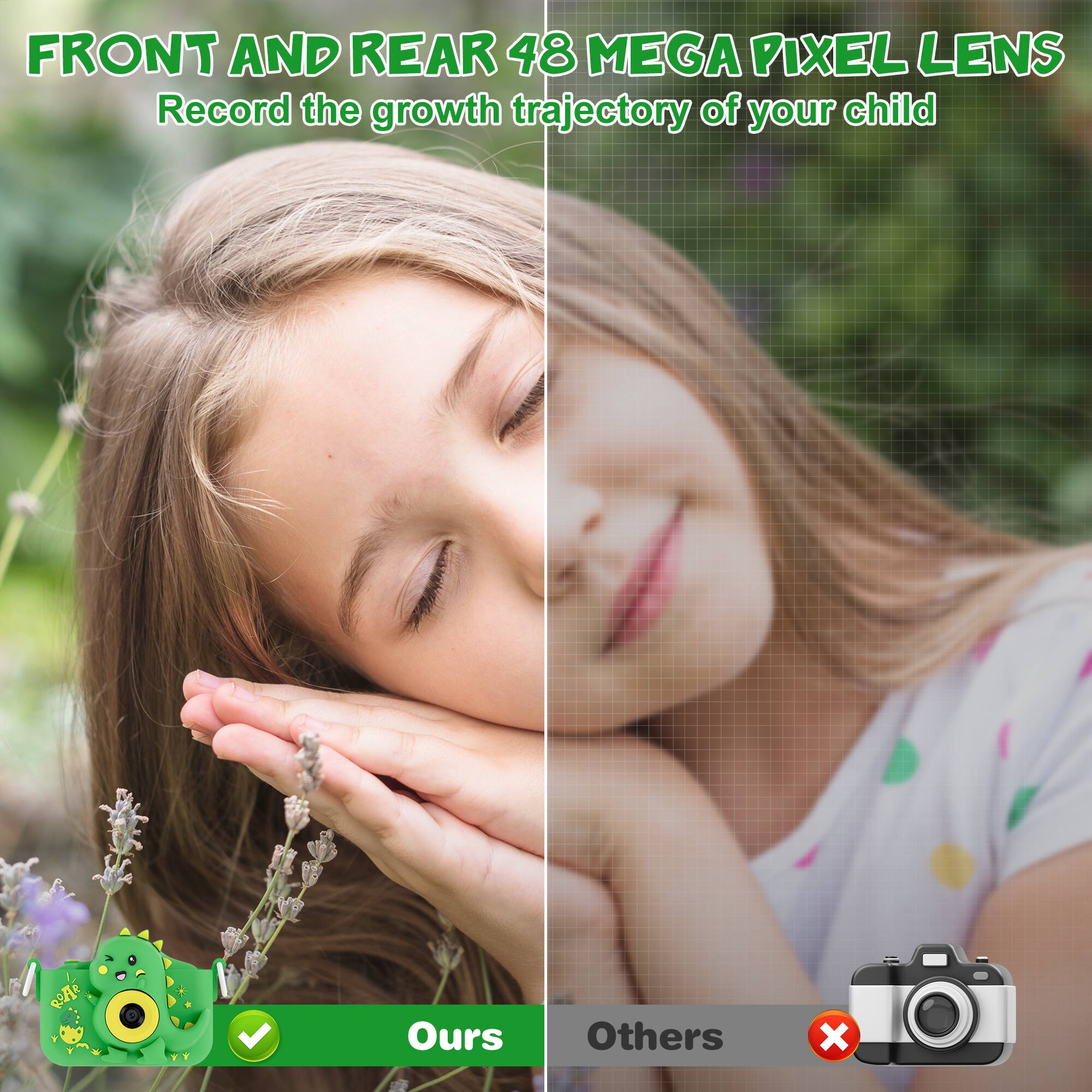 "Front and Rear 48 Mega Pixel Lens: Record the growth trajectory of your child."