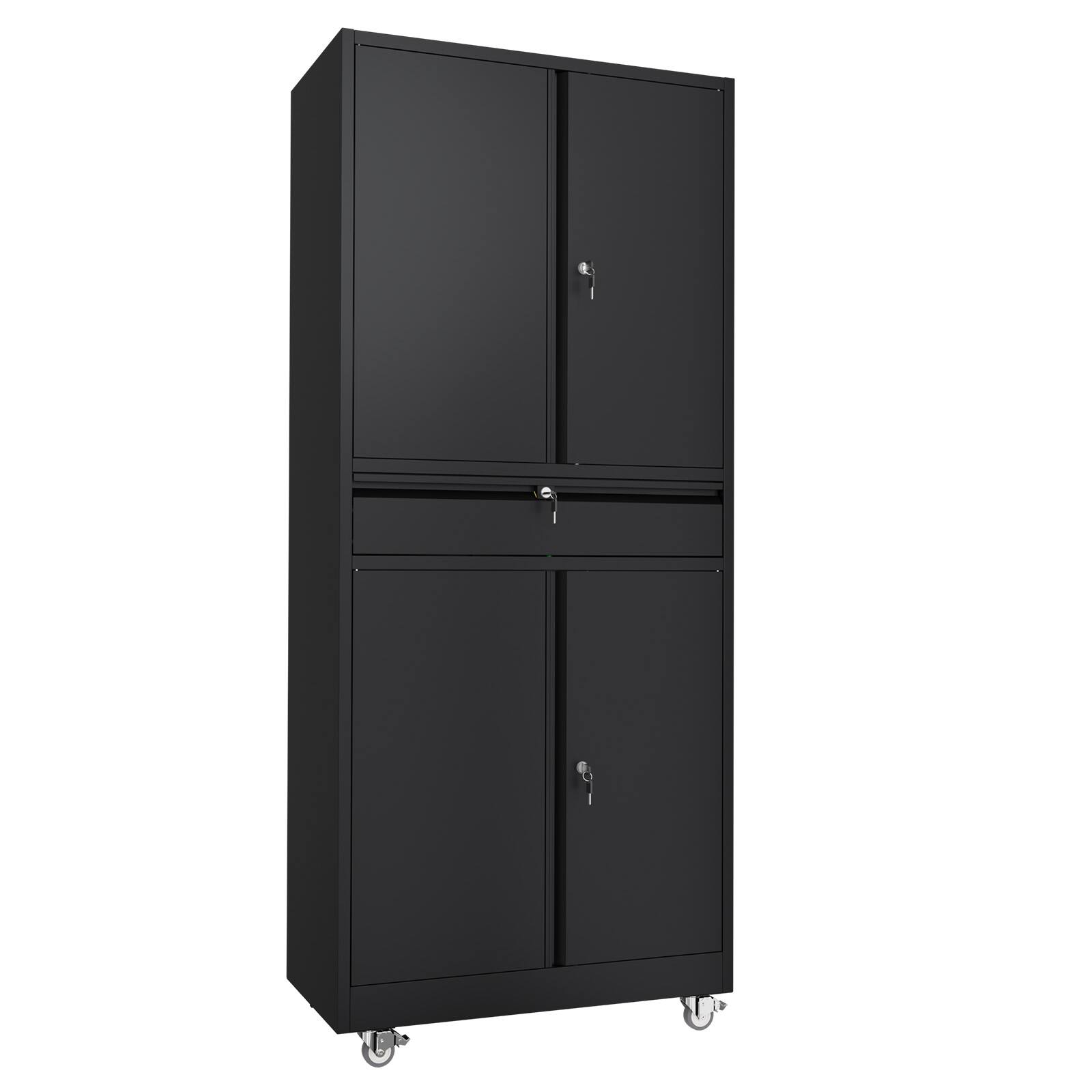 Alt View 4. Winado - 71" Heavy Duty Metal Storage Cabinet with Drawer & Wheels & Locking System & Shelves for Garages, Warehouses, Workshops - Black.