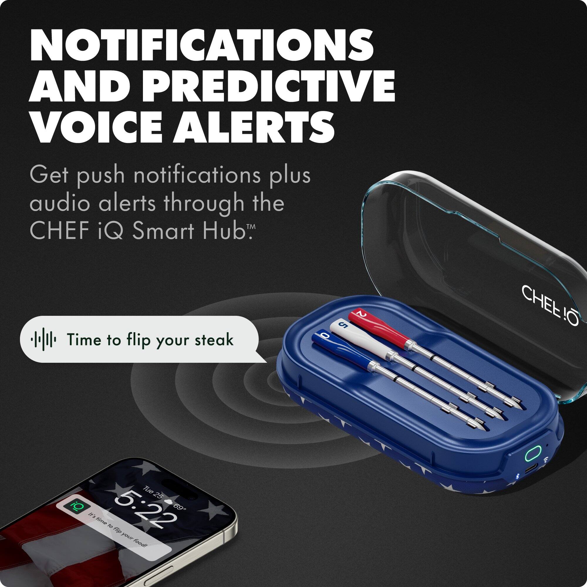 NOTIFICATIONS AND PREDICTIVE VOICE ALERTS

Get push notifications plus audio alerts through the CHEF iQ Smart Hub™

Time to flip your steak

Tue 25 5:22
