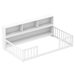 Costway - Twin Size Montessori Floor Bed with Bookcase Storage Shelves & Safety Fence Rails - White