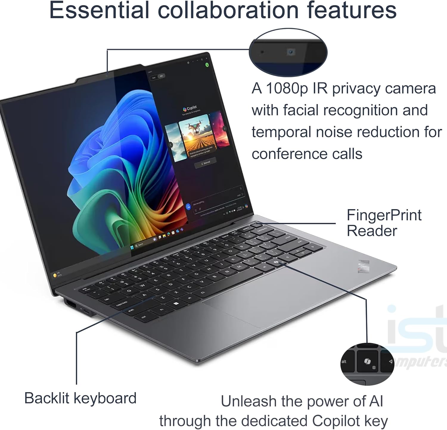 Essential collaboration features

- A 1080p IR privacy camera with facial recognition and temporal noise reduction for conference calls
- Fingerprint Reader
- Backlit keyboard
- Unleash the power of AI through the dedicated Copilot key