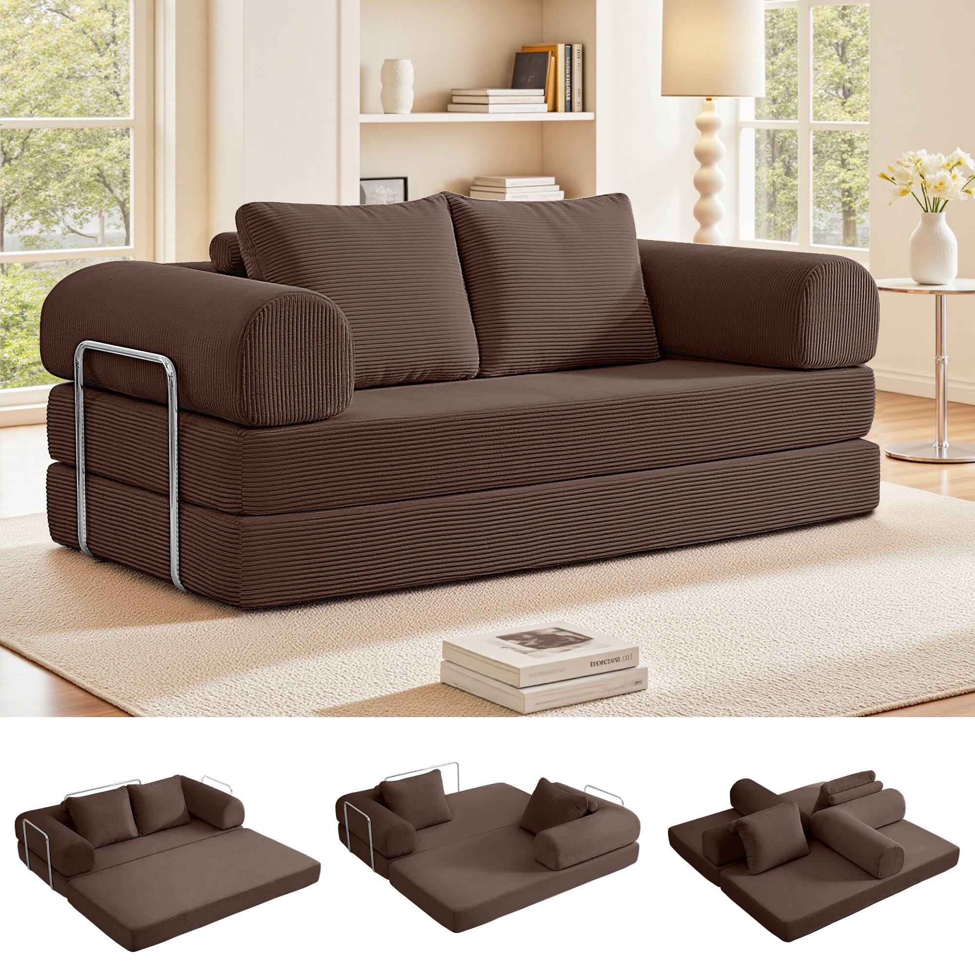 Alt View 4. KERDOM - 3-4 Person Sectional Sofa 78'' W, Foldable Modular Corduroy Combination Couch Bed for Apartment, No Assembly Required - Coffee Brown.
