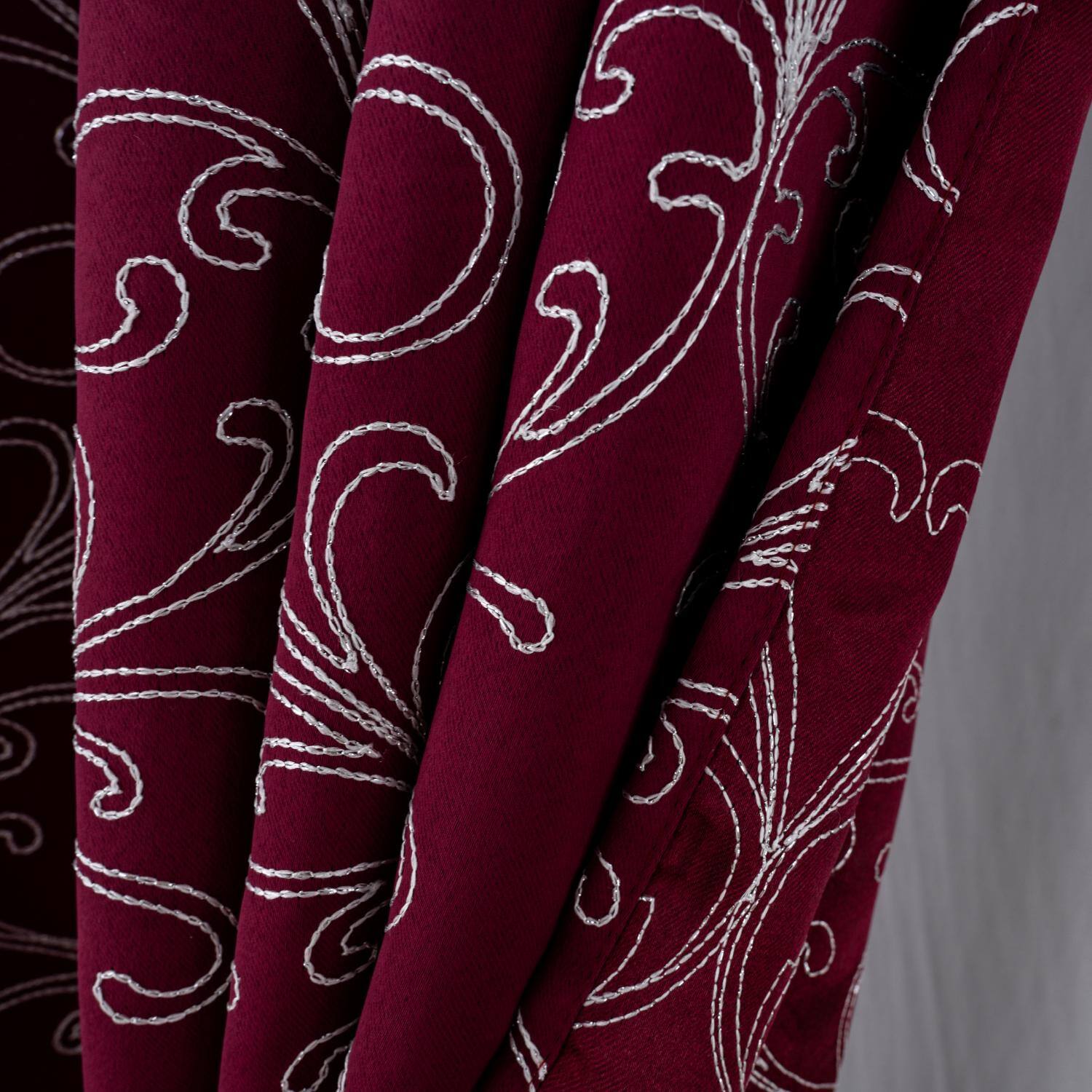 Left. RT Designers Collection - RT Designer Collection Kimber Embroidered Blackout Luxurious Decorative Grommet Curtain Panel 54" x 90" Burgundy - Burgundy.