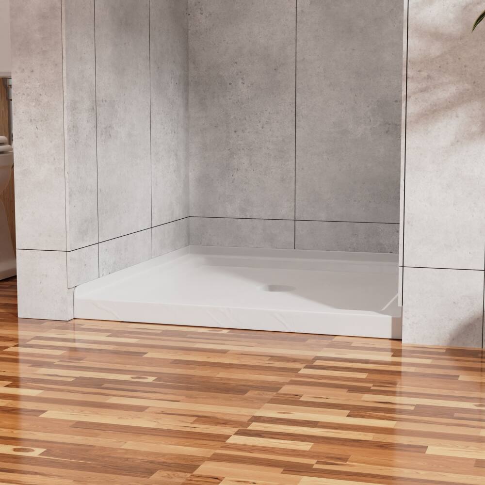 Back. JUJABU - 36"x36" Shower Pan 3.3" Height Single Threshold Shower Base in Slate White, Anti-slip Acrylic, Center Drain - White.