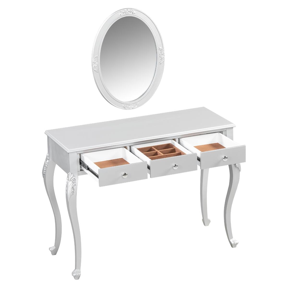 Alt View 4. Loheer - Loheer Silver Makeup Vanity Table with Large Oval Mirror and Three Drawers - Silver.