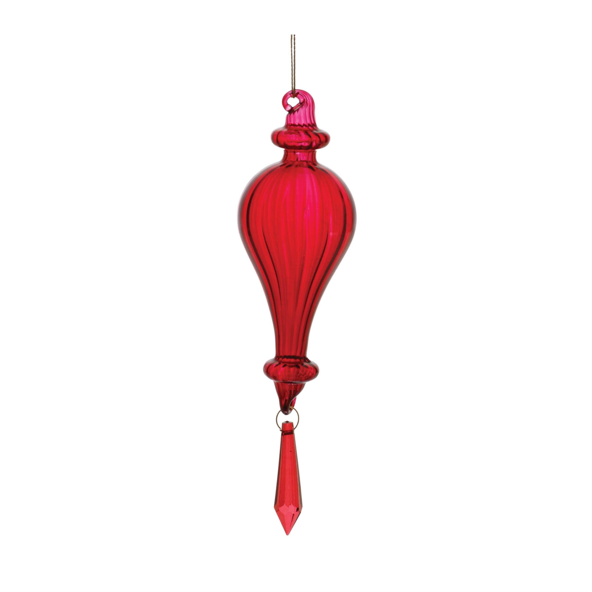 Back. BreeBe - Red Ribbed Glass Drop Ornament with Jewel (Set of 3) - Red.