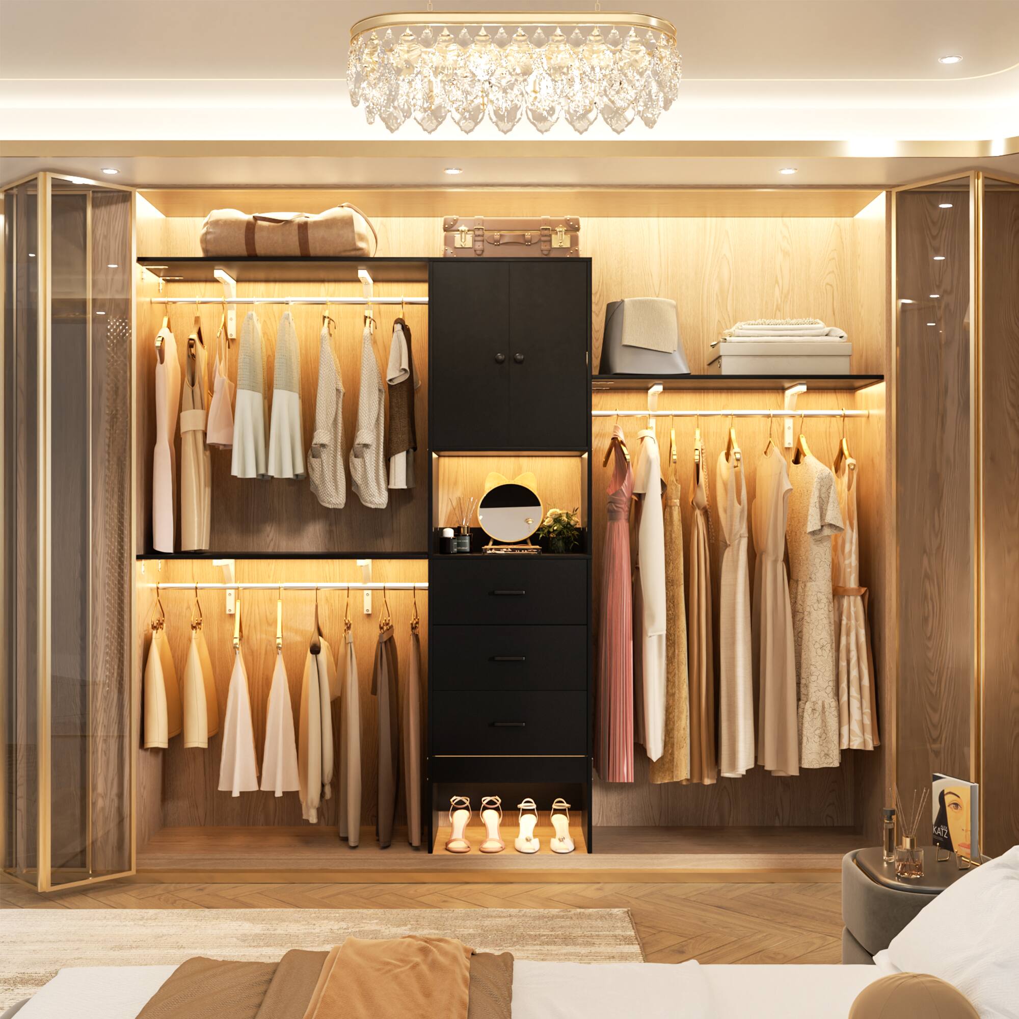 Angle. Aheaplus - 8FT Heavy Duty Walk-In Closet System with Doors, 3 Shelves, 3 Wood Drawers, 96"L x 16"W x 80"H, 1000 LBS Max Load - Black.