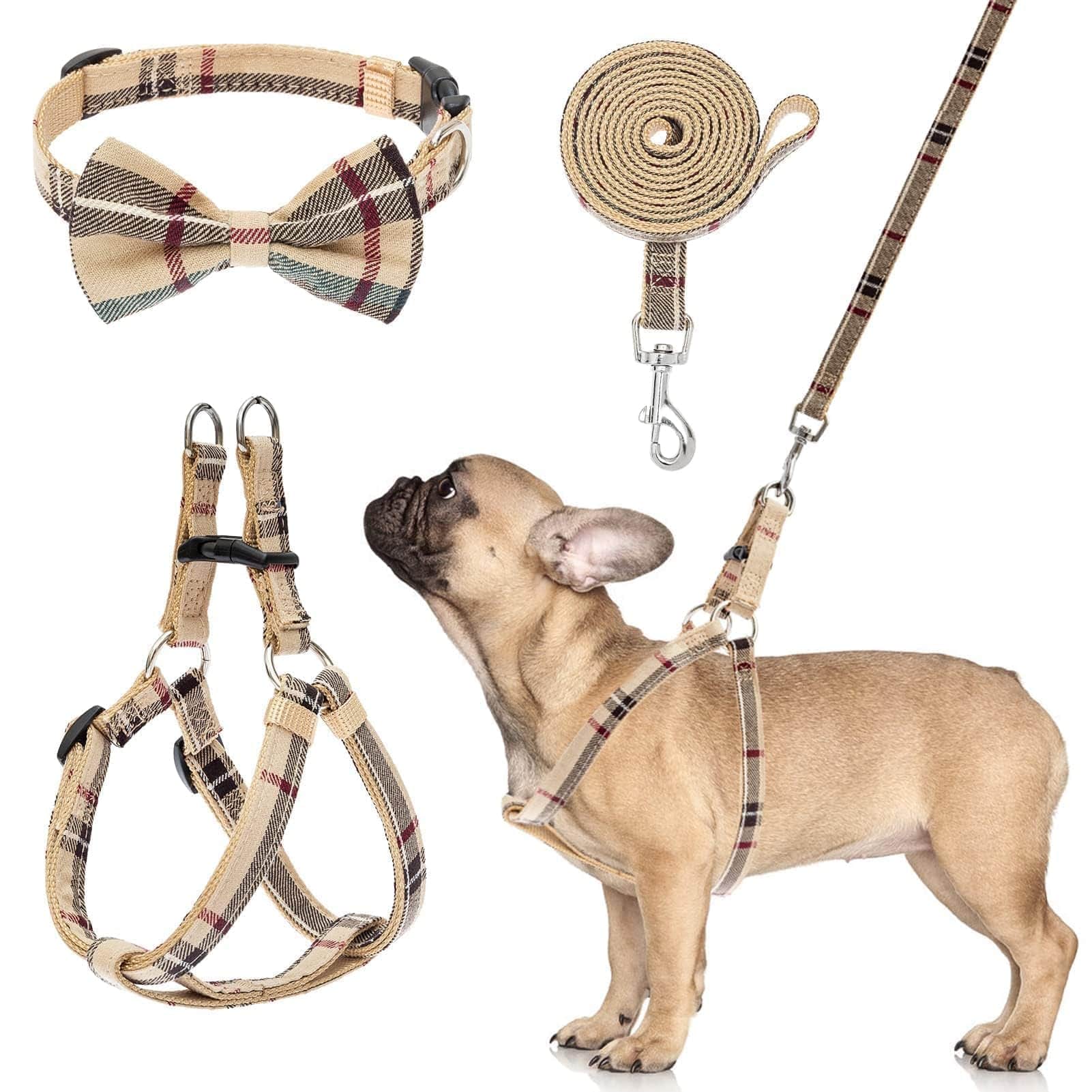 Paradigms Interiors - Dog Harness Collar Leash Set No Pull Escape Proof Classic Plaid Puppy And For Dogs Easy Walk Running beige - Beige-XS(Chest Girth:12''-14.9'')