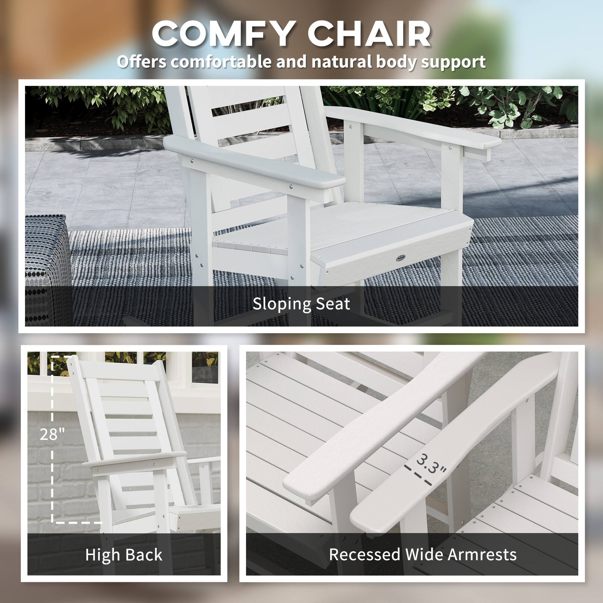 COMFY CHAIR
Offers comfortable and natural body support
Sloping Seat
28"
High Back
Recessed Wide Armrests
3.3"