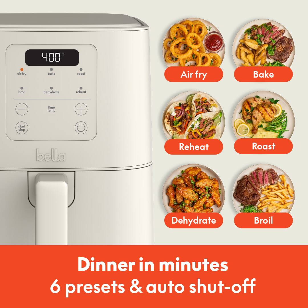 Air fry, Bake, Roast, Reheat, Dehydrate, Broil, Dinner in minutes 6 presets & auto shut-off