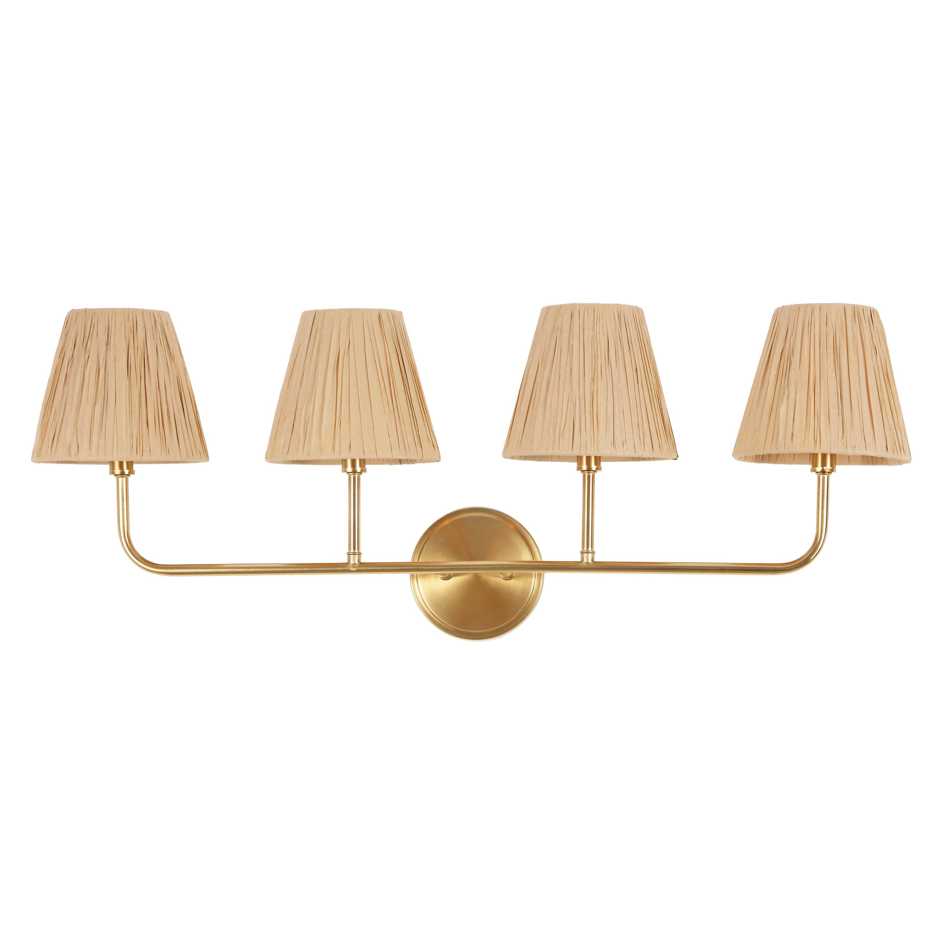 Alt View 6. Jonathan Y - Malaya 31.5" 4-Light Bohemian Coastal Metal Pleated Paper Shade LED Vanity Light, Beige/Brass Gold - Brass Gold/Beige.