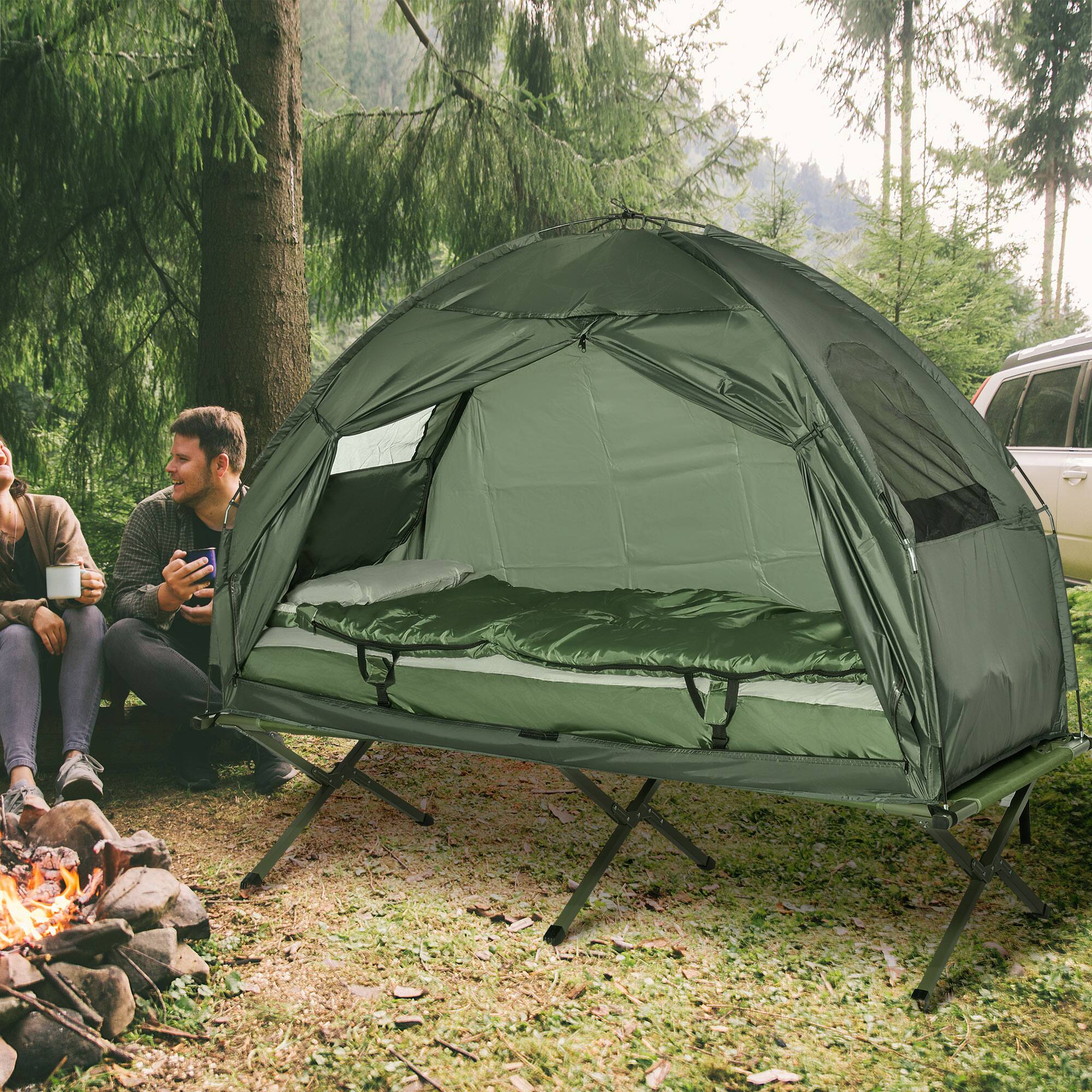 Alt View 1. Outsunny - Camping Tent Cot, 4-in-1 Folding Tent Cot Combo with Mattress, Pillow, Sleeping Bag, Roller Carrying Bag - Green.