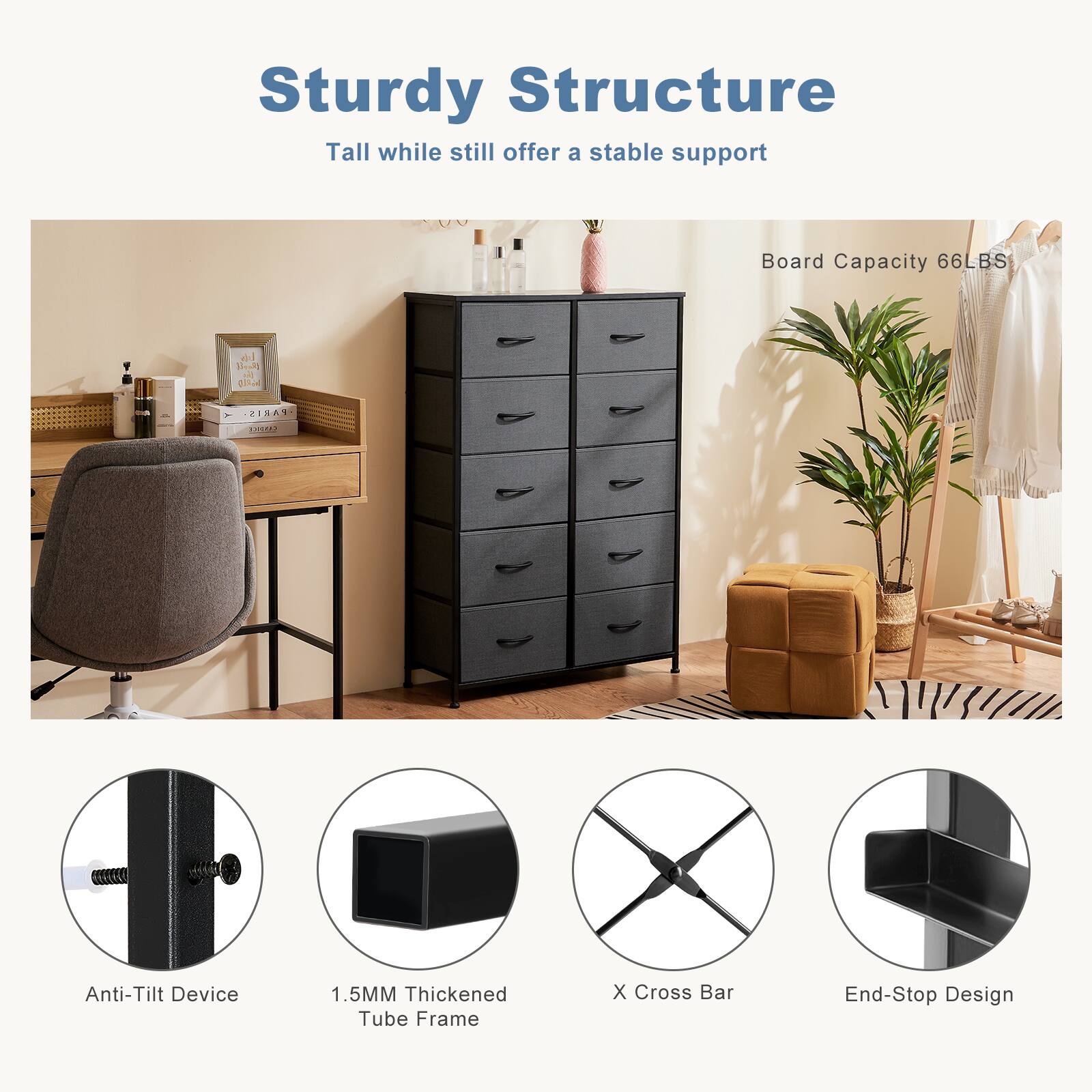 The text on the image is grouped and corrected as follows:
Sturdy Structure: Tall while still offering a stable support. Board Capacity: 66LBS. Anti-Tilt Device: 1.5MM Thickened Tube Frame. X Cross Bar End-Stop Design.