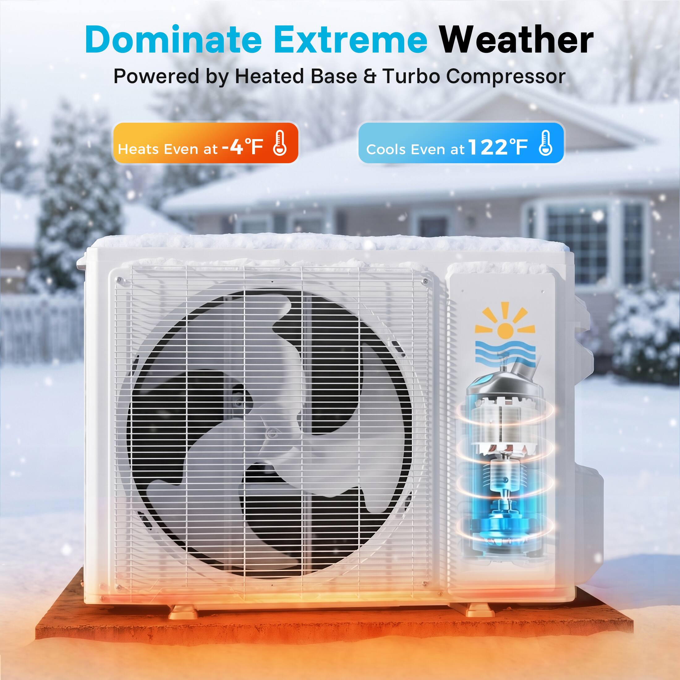 Dominate Extreme Weather  
Powered by Heated Base & Turbo Compressor  

Heats Even at -4°F  
Cools Even at 122°F