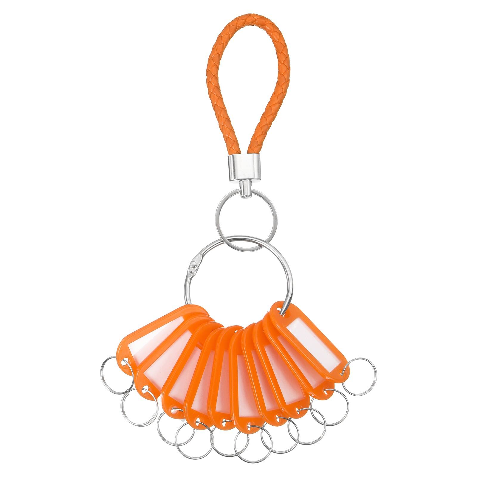 Front. Unique Bargains - 10pcs Key Tags with Labels, Key Organizer Markers with Bold Steel Ring and Braided Strap for Home Office - Orange Strap, Orange Tags.