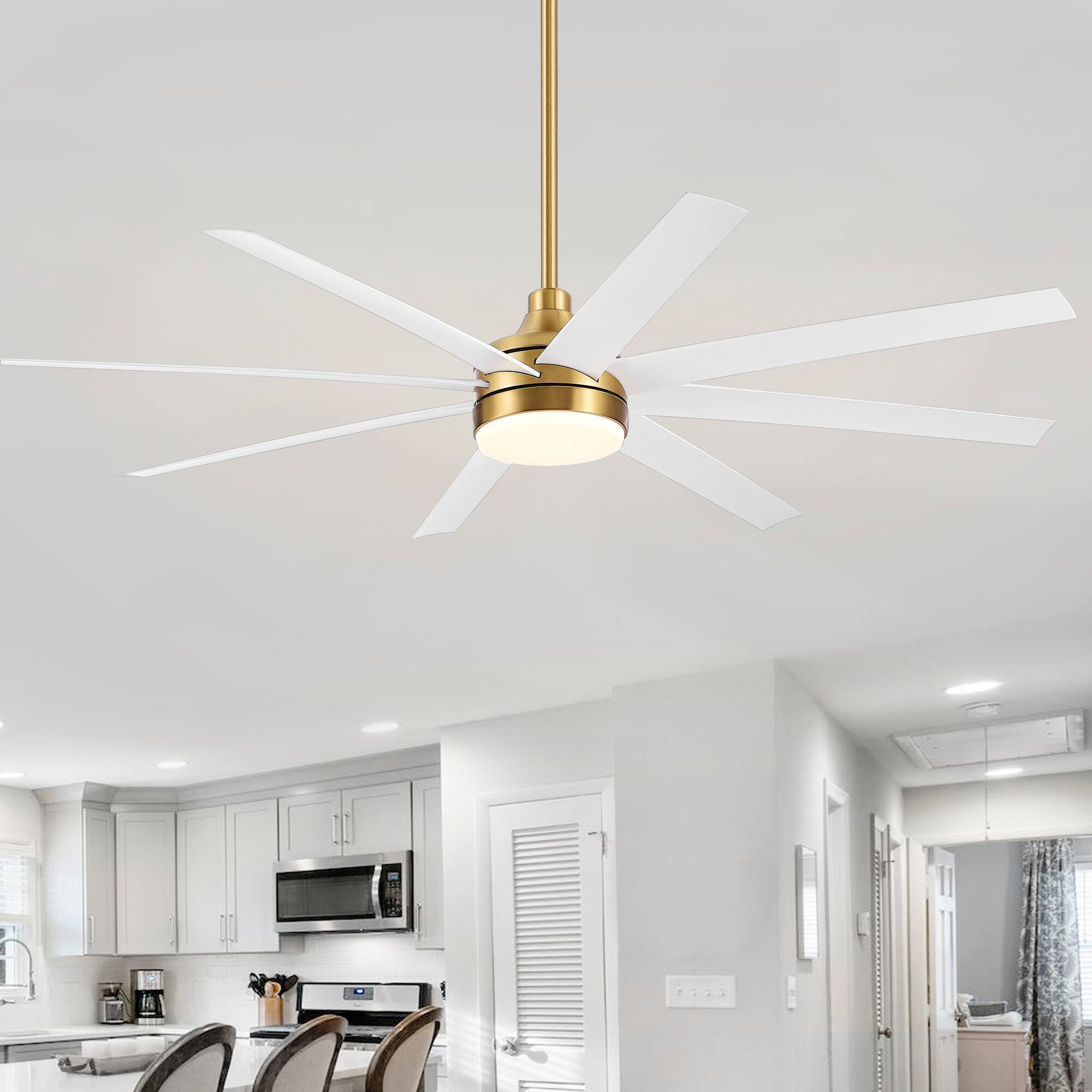 Back. Breezary - 65-Inch Ceiling Fan with 8 ABS Blades, 6-Speed DC Motor, Remote Control with Timer, 2 Downrods, Light/No-Light Options - Gold and White (With Light).
