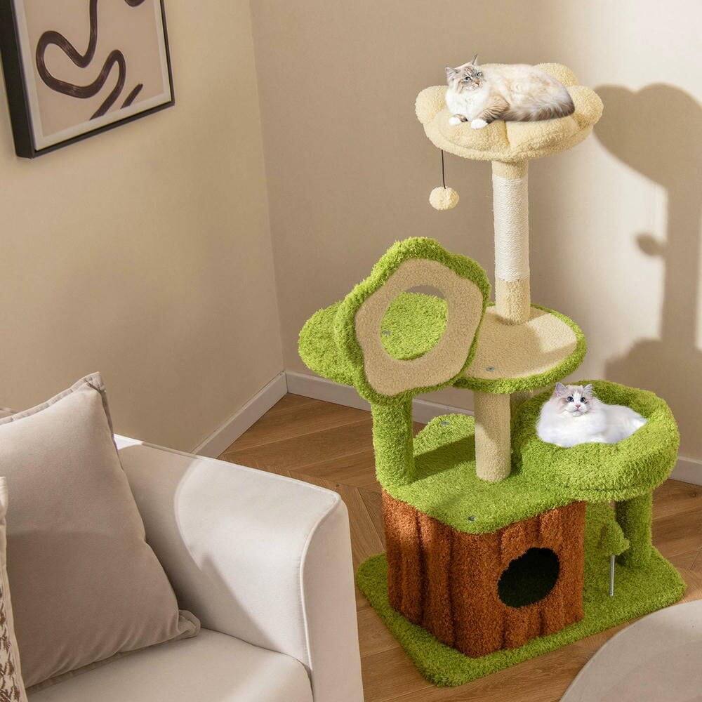 Angle. Kadyn - Cute Multi-Level Cat Tree for Adult Cats with Trunk Condo, Green - Green.