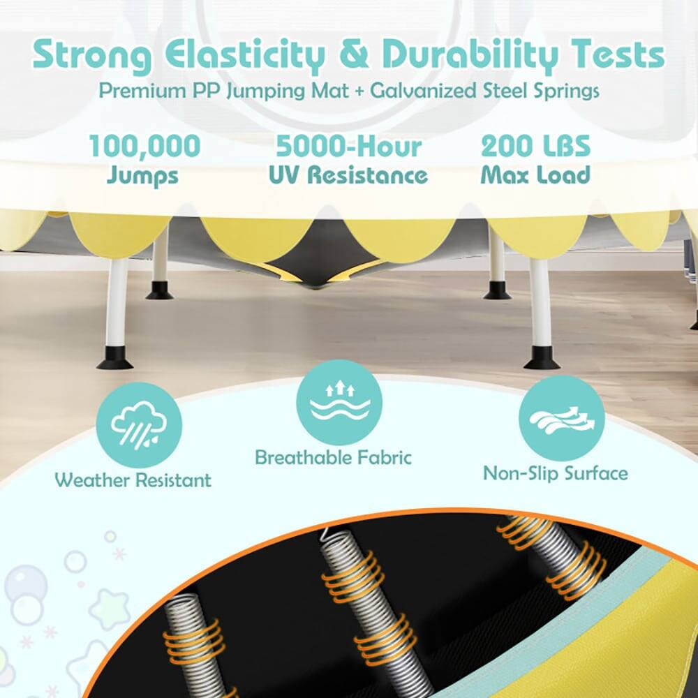 Strong Elasticity & Durability Tests  
Premium PP Jumping Mat + Galvanized Steel Springs  

- 100,000 Jumps  
- 5000-Hour UV Resistance  
- 200 LBS Max Load  

- Weather Resistant  
- Breathable Fabric  
- Non-Slip Surface