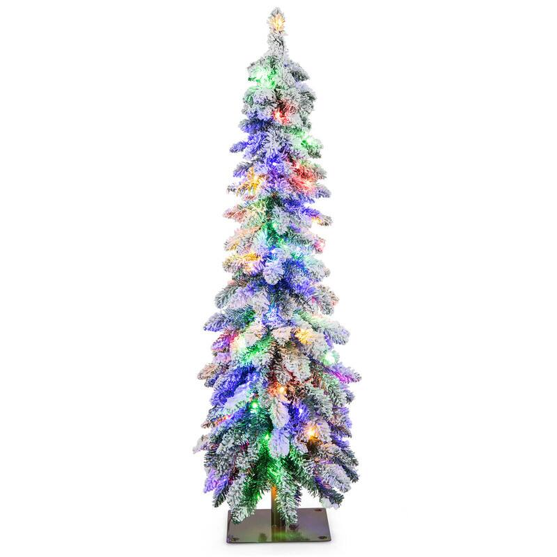 Alt View 4. WELLFOR - 4 ft Pre‑lit Snow‑Flocked Slim Pencil Christmas Tree with 225 Branch Tips,100 LED Lights‑Holiday Indoor Decoration - White & Green.