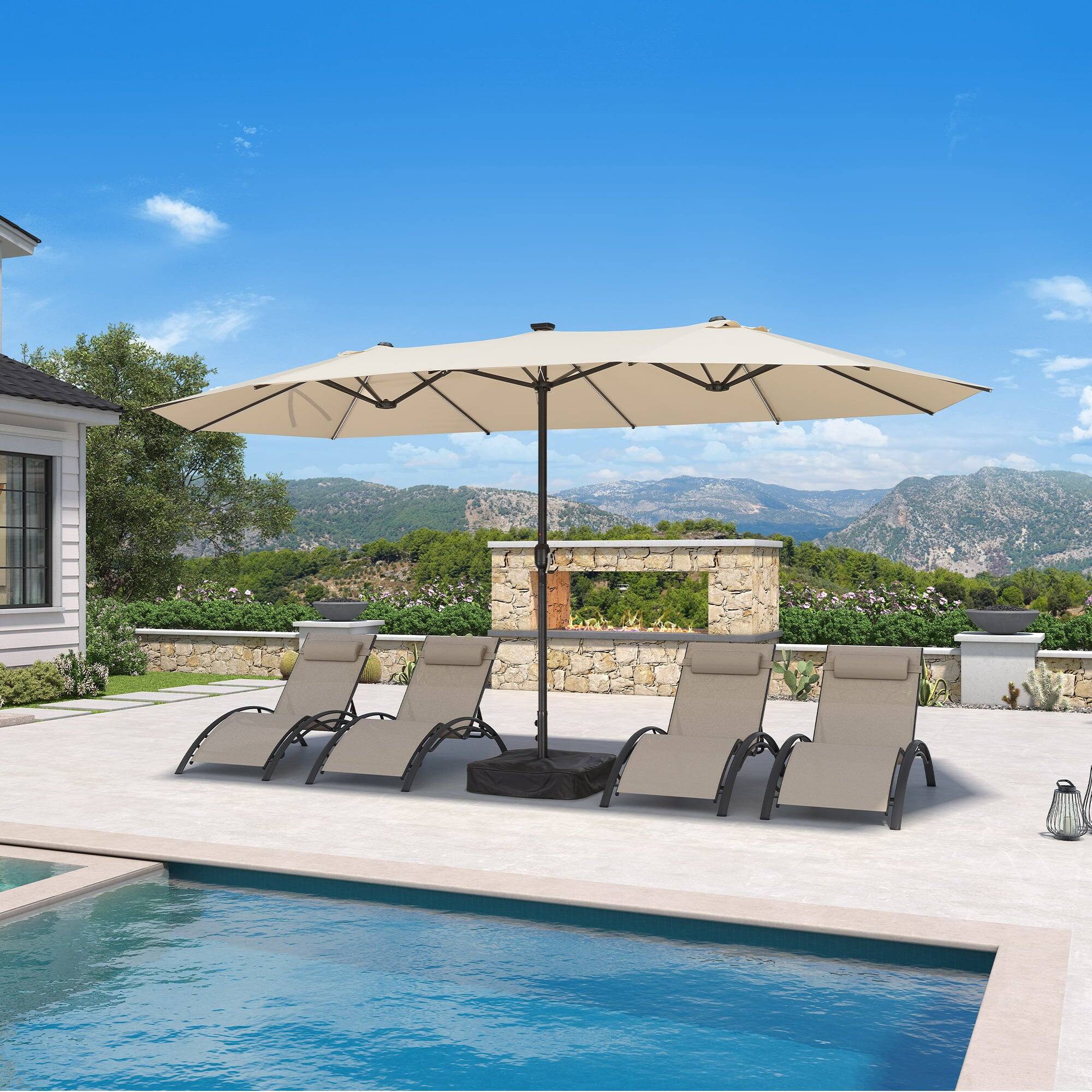 Alt View 1. PURPLE LEAF - 14 ft. Patio Market Umbrella with Solar LED and Base Double-Sided Outdoor Table Sun Umbrellas for Pool Deck Backyard - Beige.