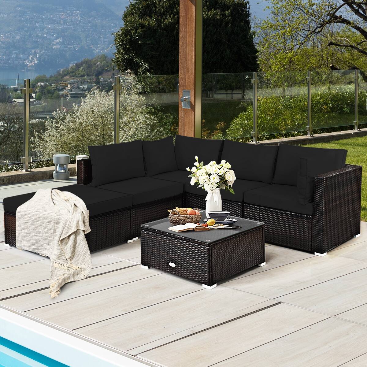 Angle. SlickBlue - 6-Piece Outdoor Rattan Sectional Sofa Set with Cushions and Coffee Table - Black.