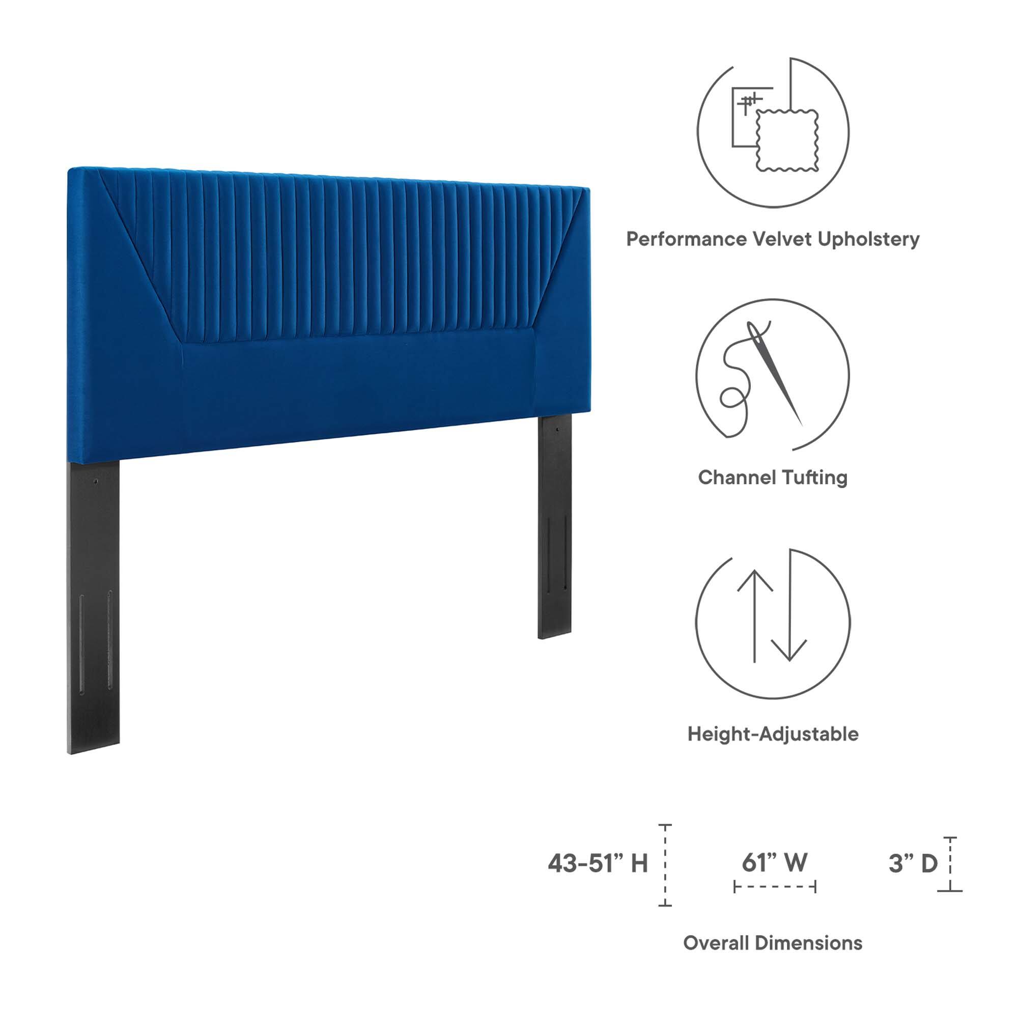 Performance Velvet Upholstery  
Channel Tufting  
Height-Adjustable  

Overall Dimensions:  
43-51" H  
61" W  
3" D