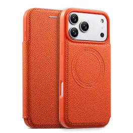 Dteck - Ultra-Thin Faux Leather Card Slot Case for Apple iPhone 17 Pro Max,Wireless Charging,Flip Card Pocket Phone Cover - Orange