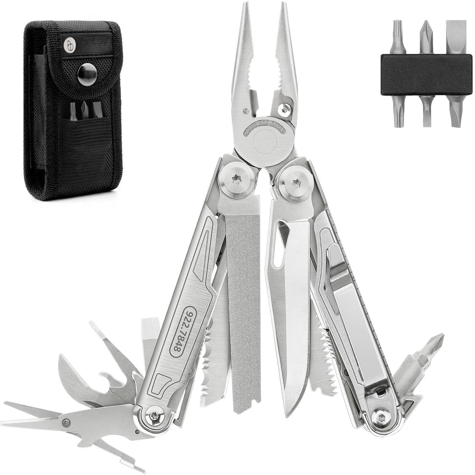 Dapper Styles - Multitool Bi2038a Stainless Steel Multi Tool With Fold-able Pliers Sleeve Pocket Nylon Sheath - 19-IN-1